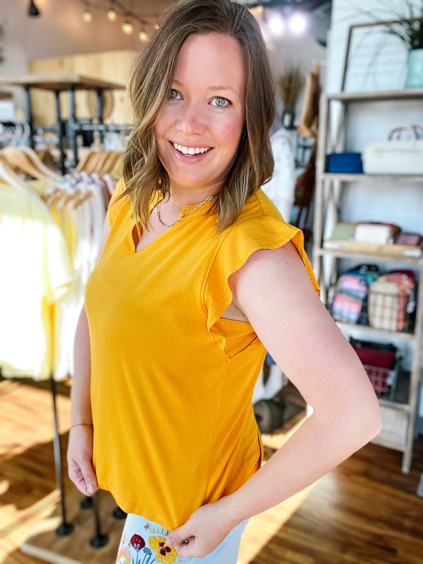 Gold V Neck Ruffle Sleeve Top