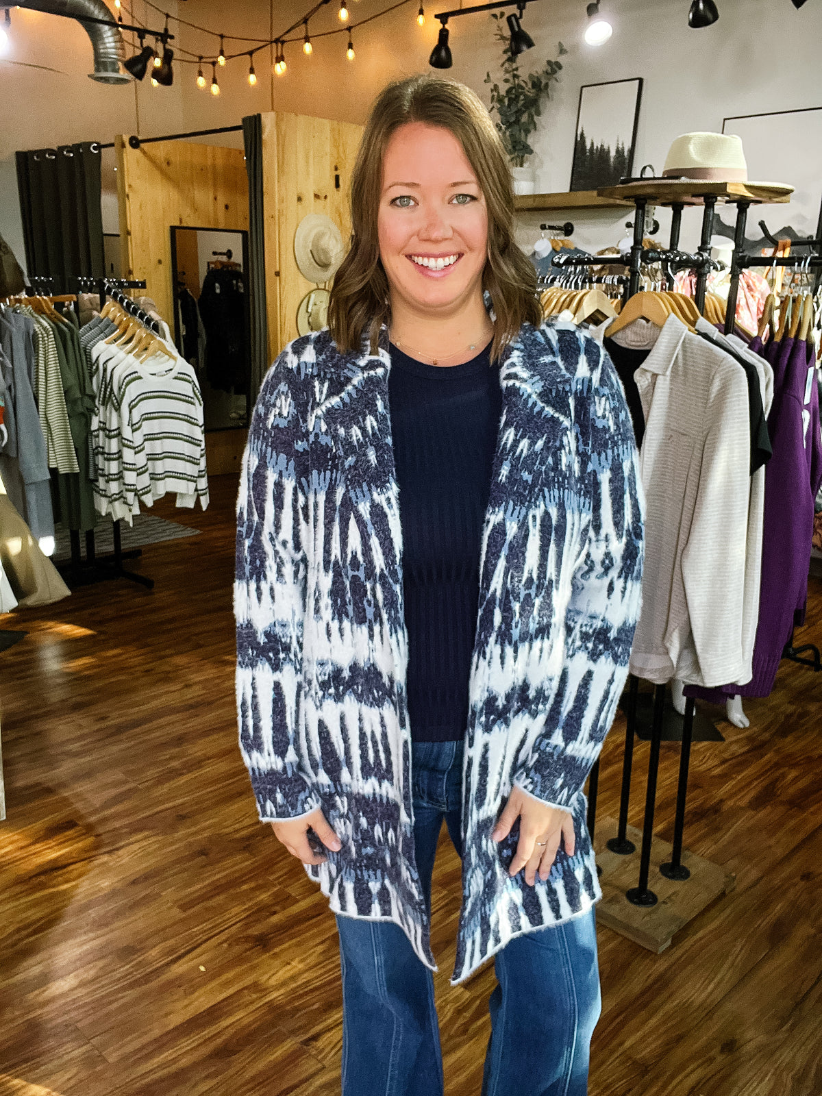Navy Multi Print Open Front Shacket