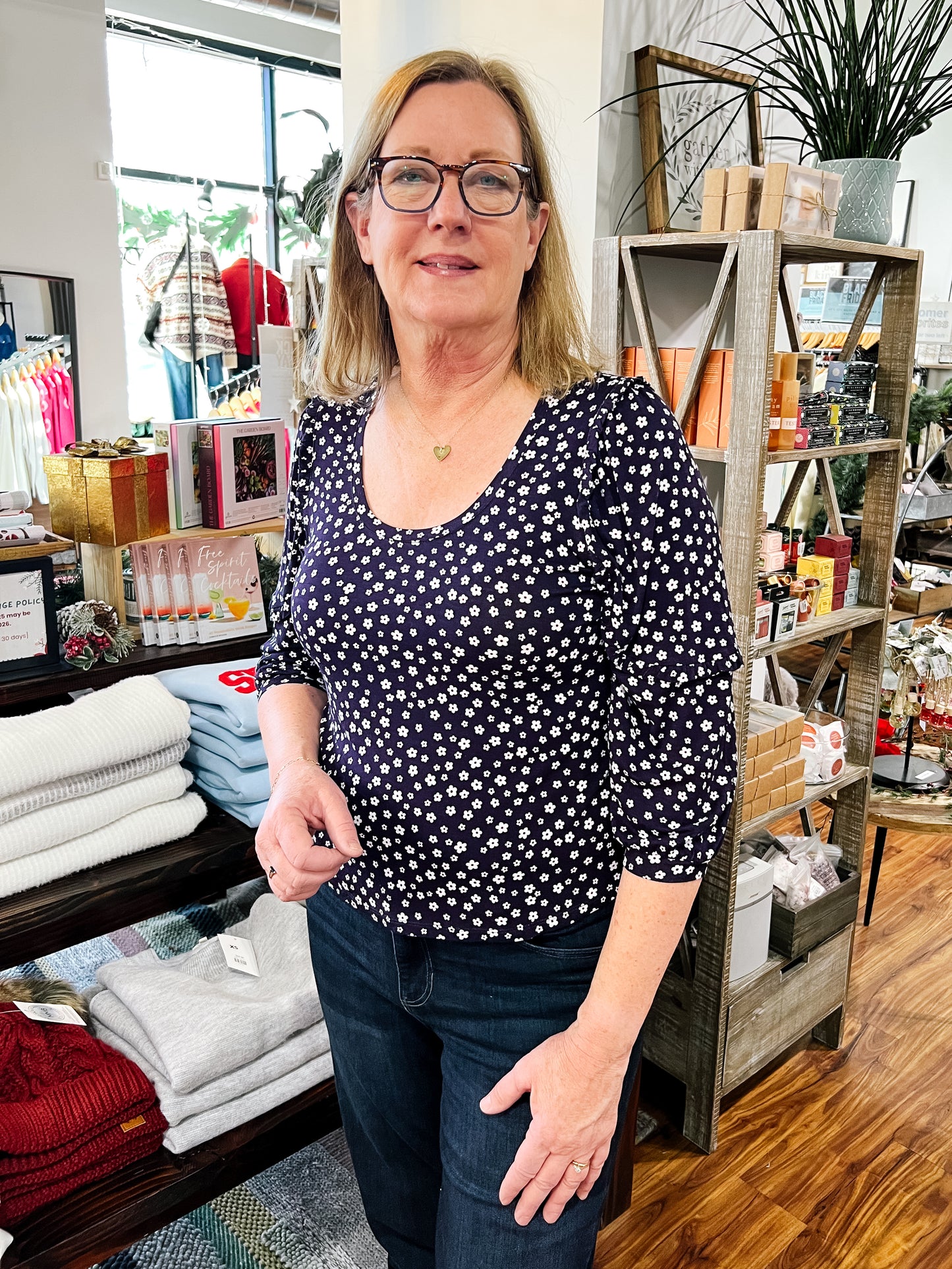 Navy Daisy Ruffle Sleeve Top