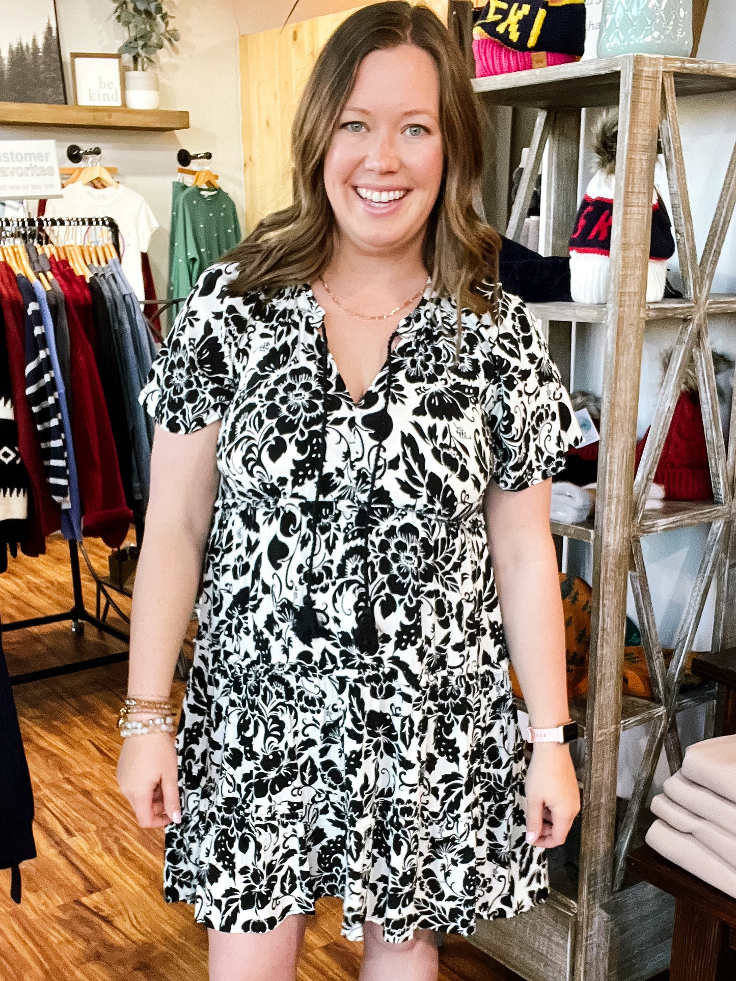 Black & White Floral Flutter Sleeve Dress