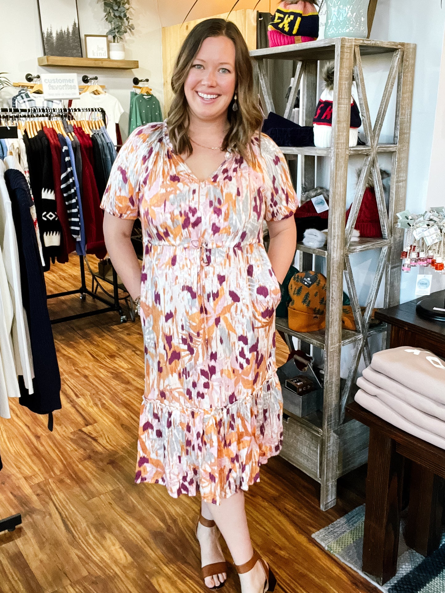 Ivory W/Plum V Neck Dress