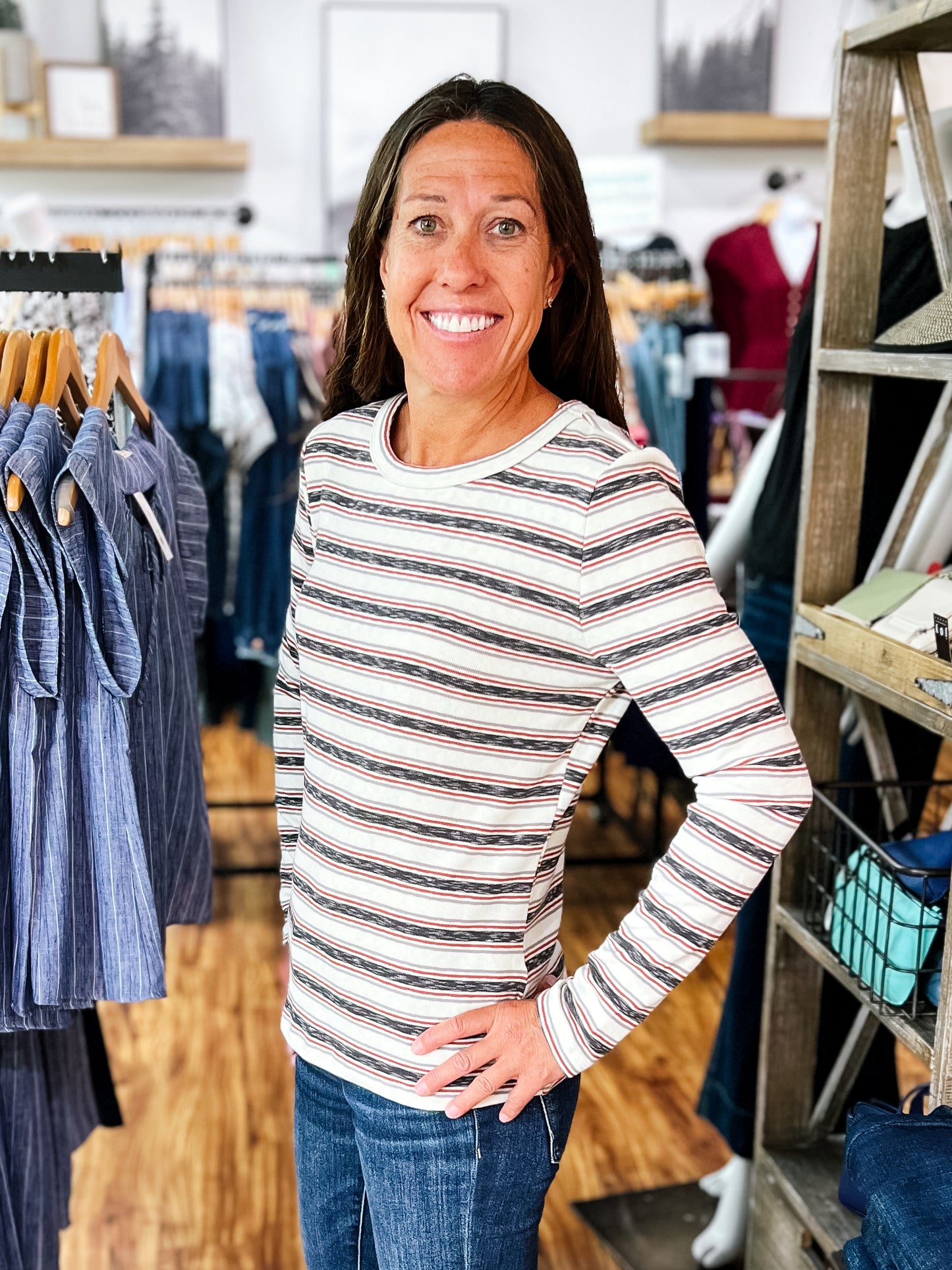 Gray & Rust Multi Stripe Long Sleeve Top