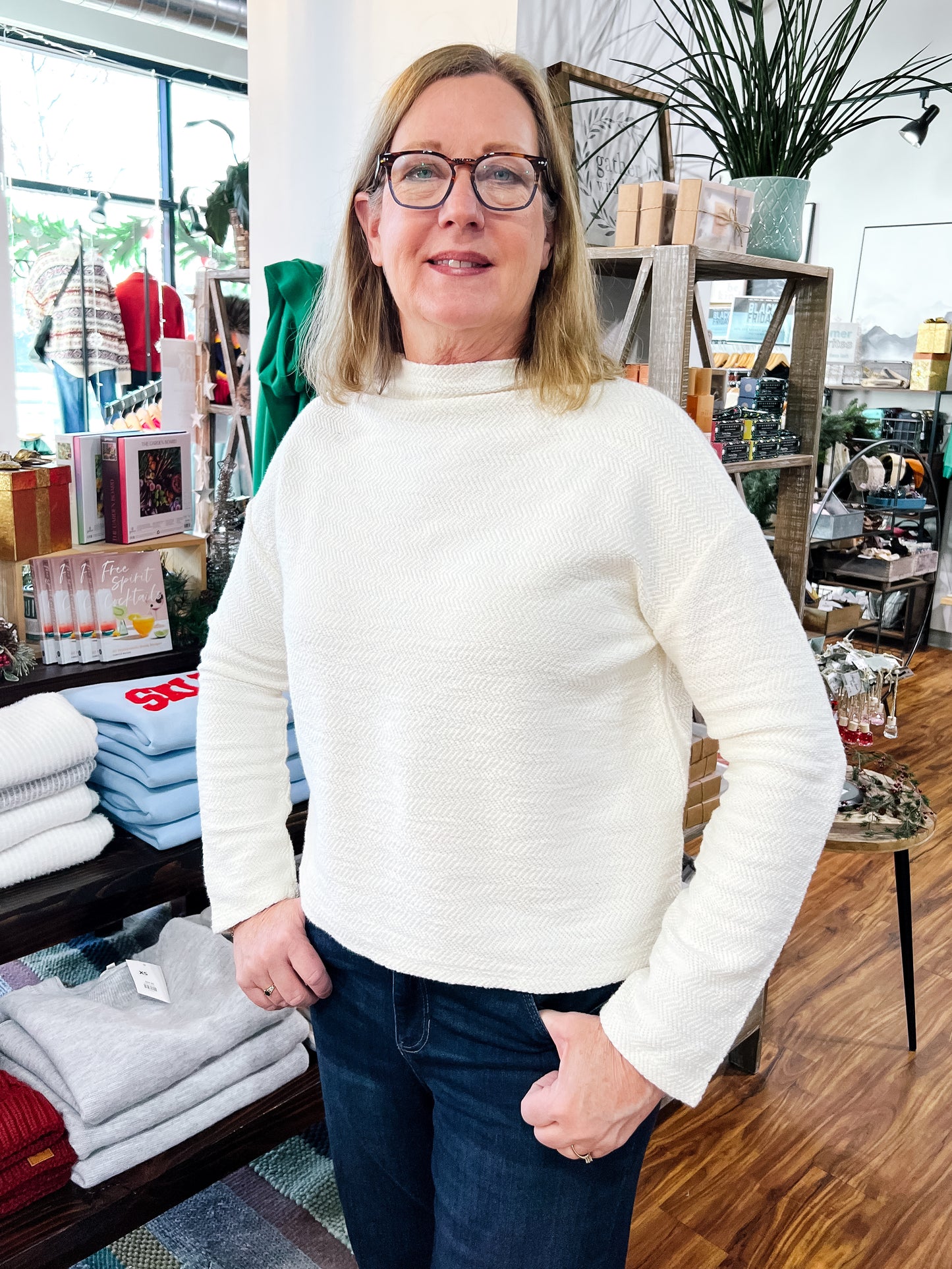 Ivory Textured Mock T Neck