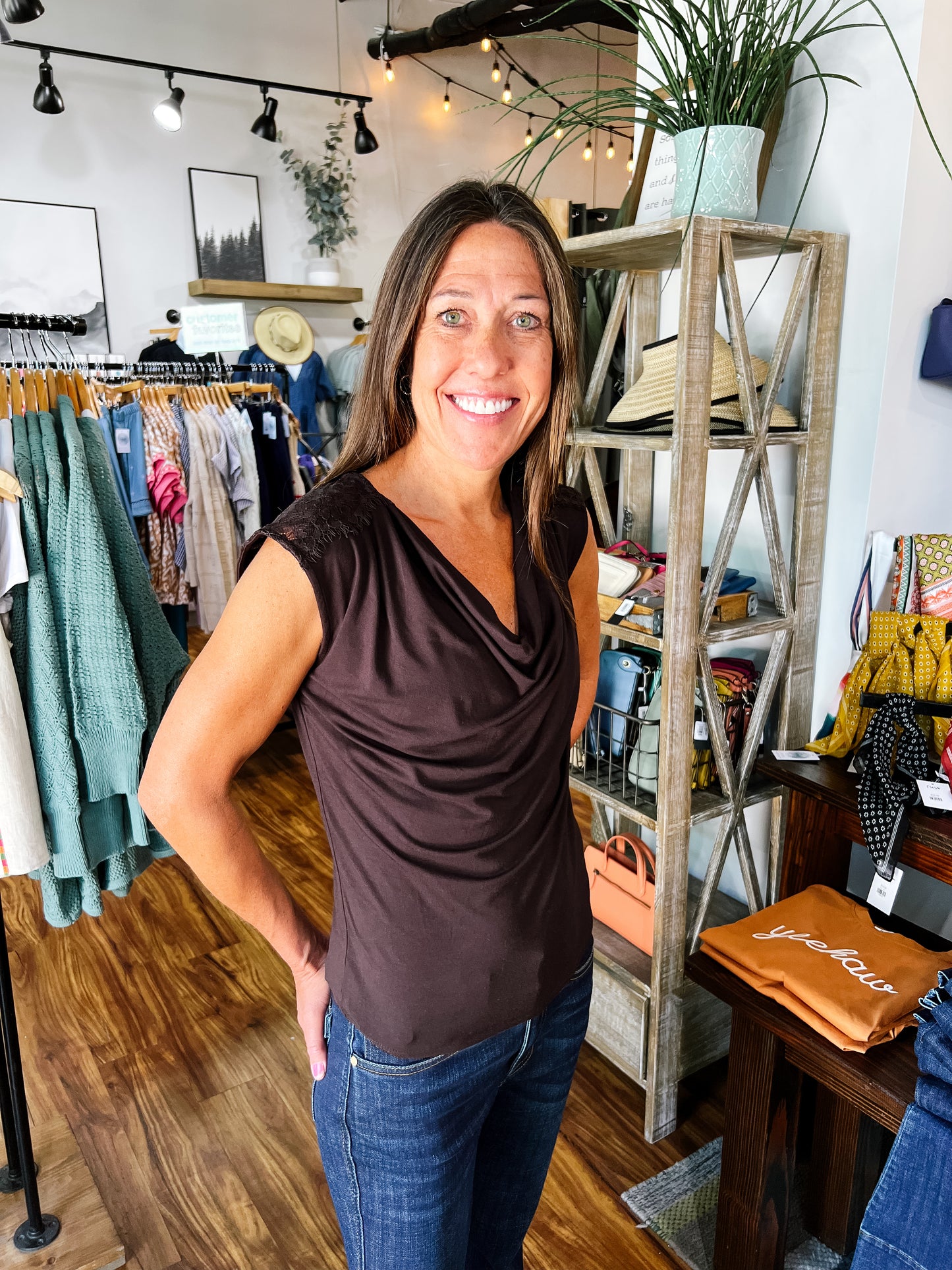 Dark Brown Draped Neck Sleeveless Top