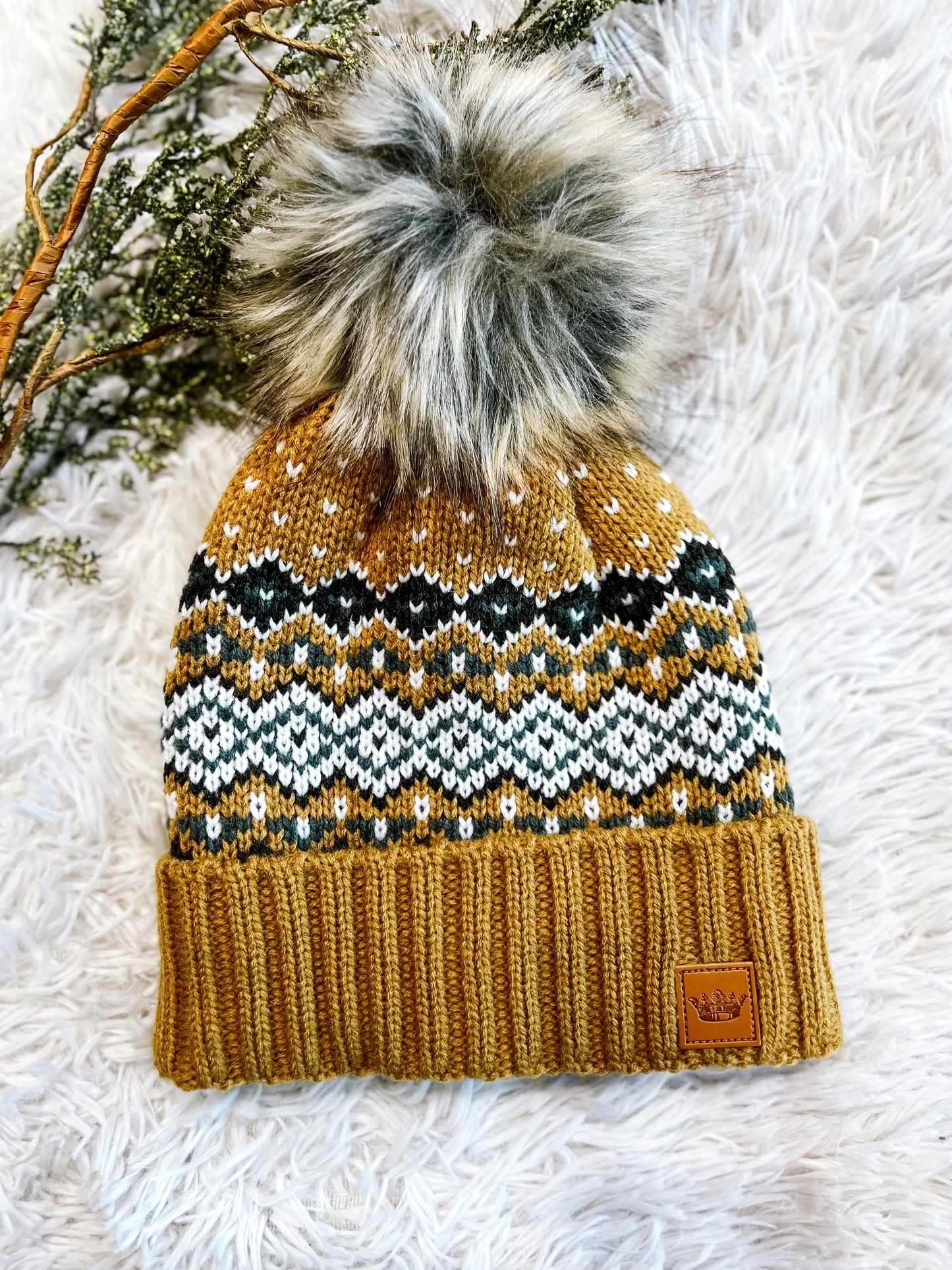 Camel, Black, White & Blue Patterned Pom Beanie