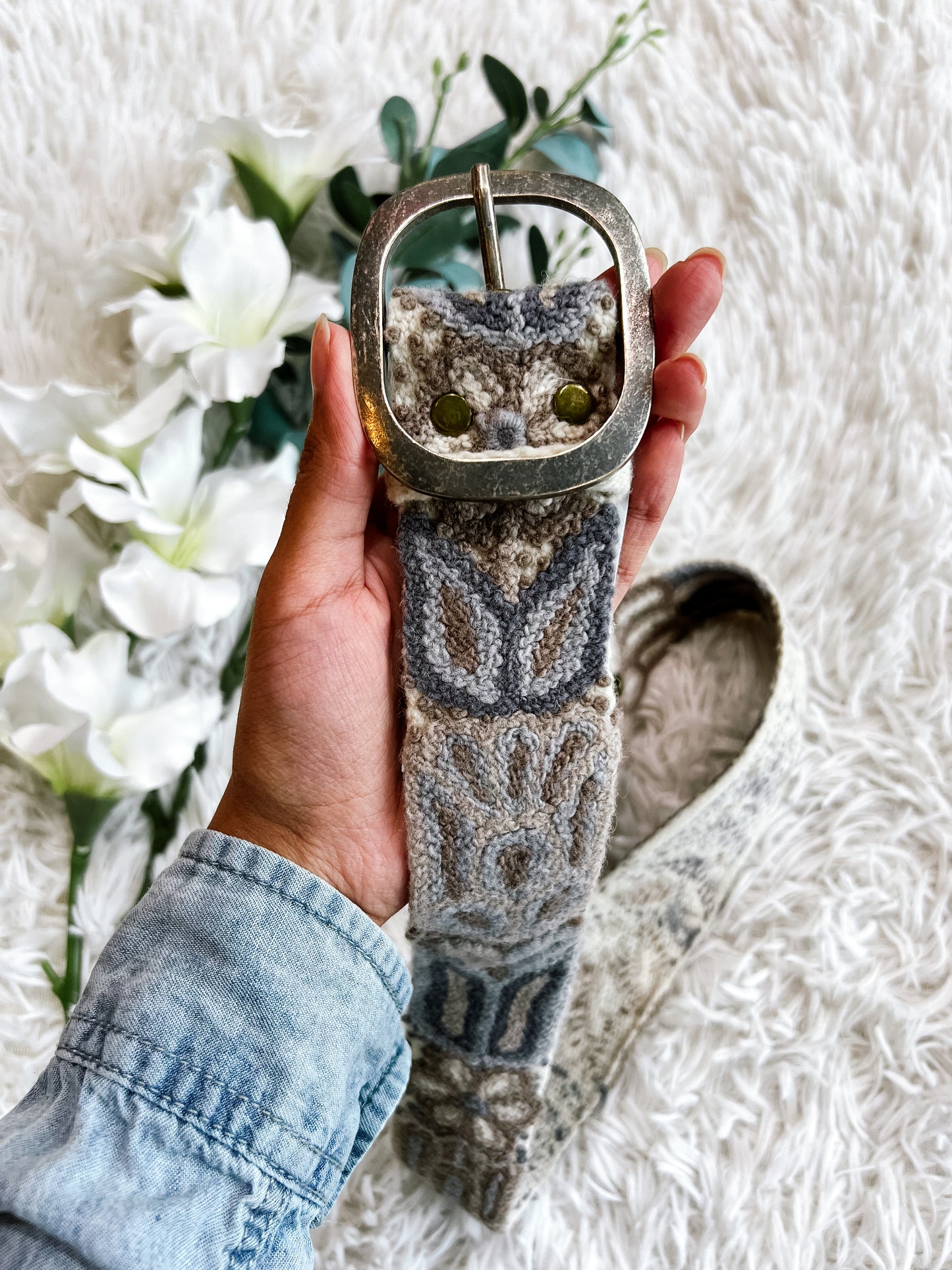 Taupe & Blue Embroidered Wool Belt