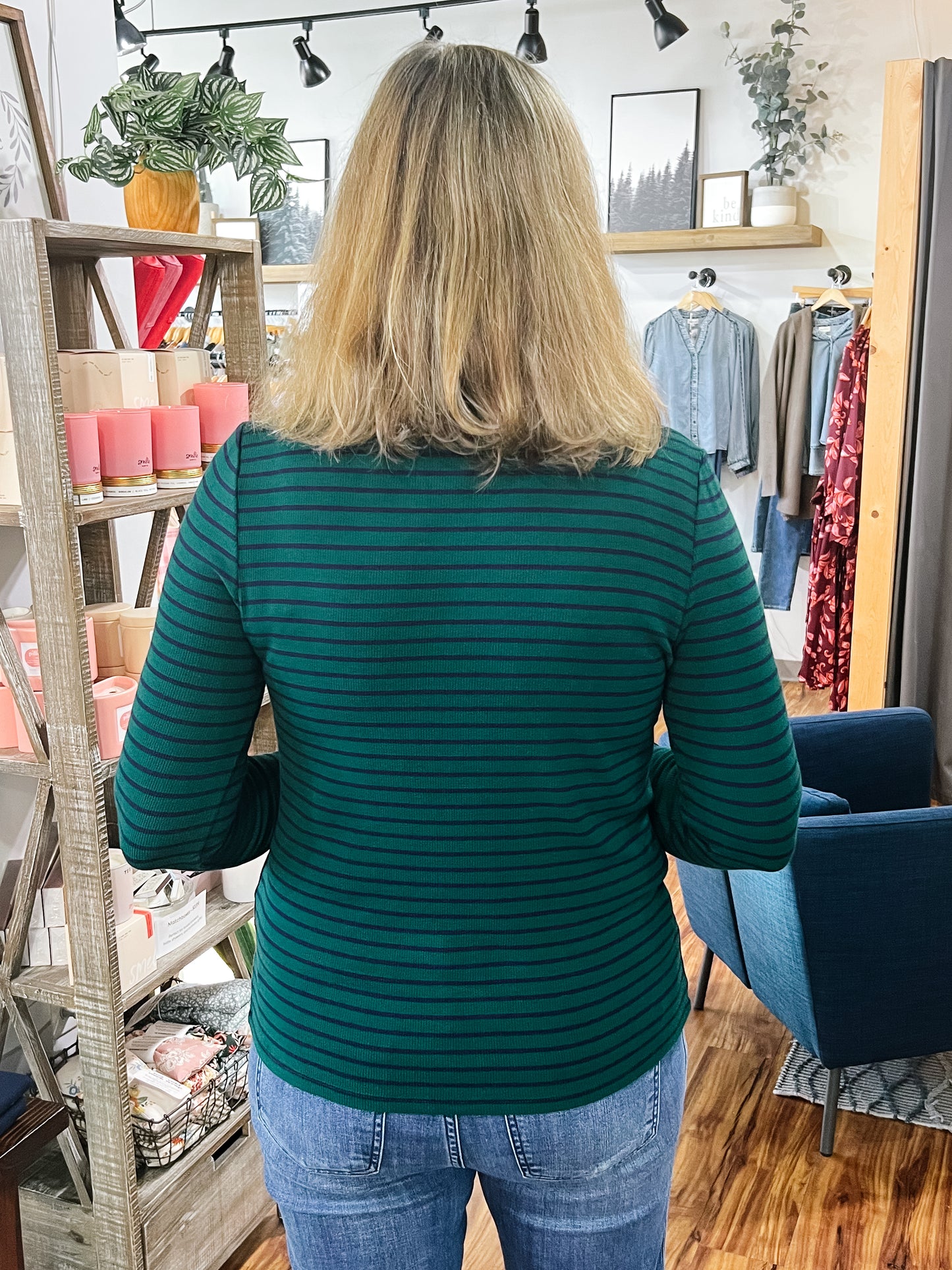 Emerald W/ Navy Stripe Turtleneck Top