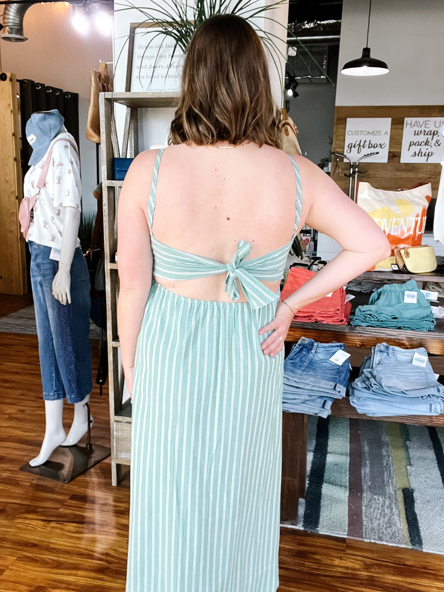 Green & White Stripe Midi Tank Dress