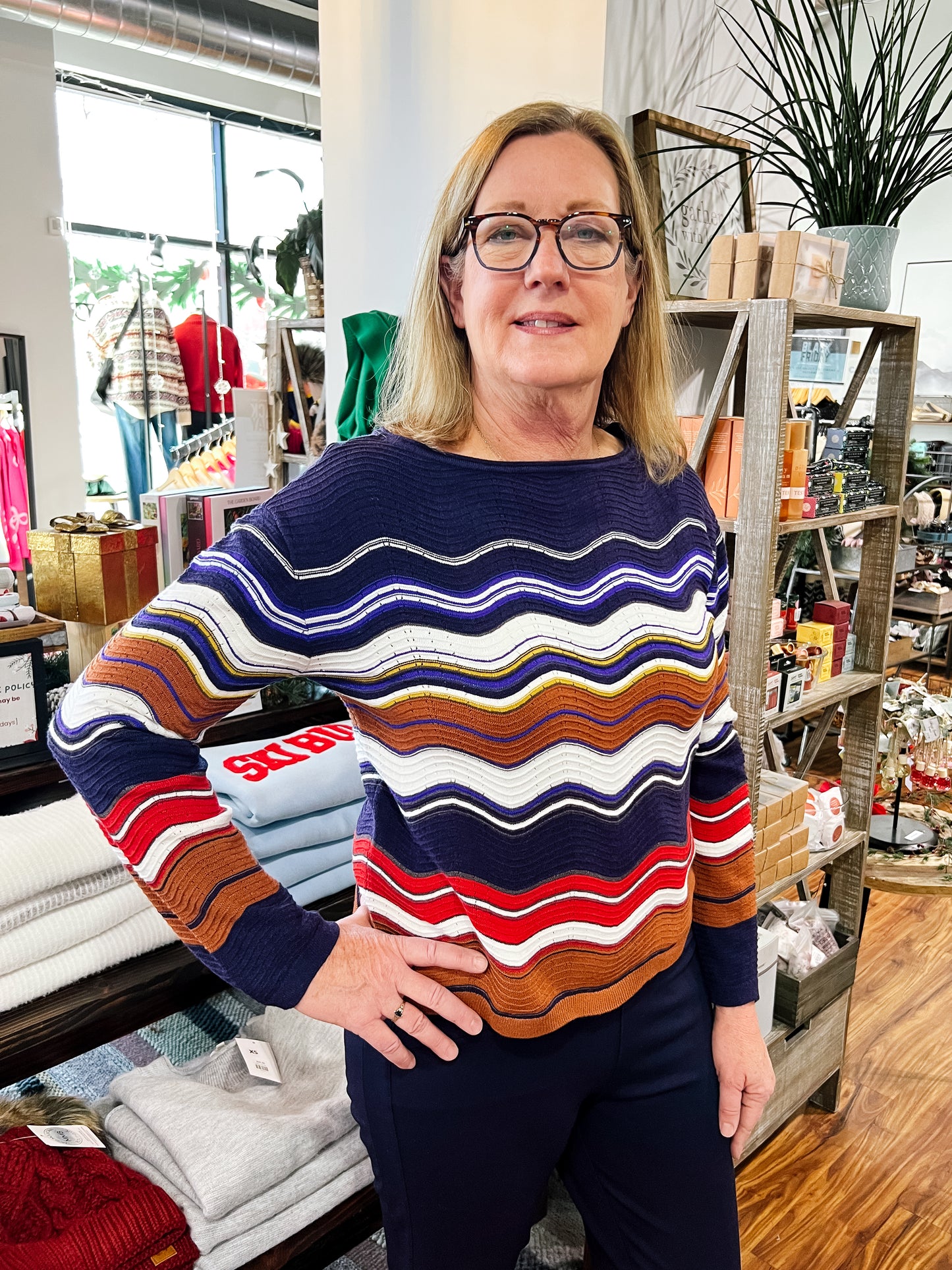 Navy W/Wavey Stripes Sweater