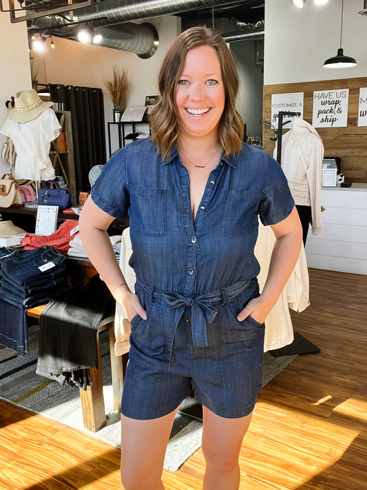 Dark Blue Chambray Short Sleeve Romper