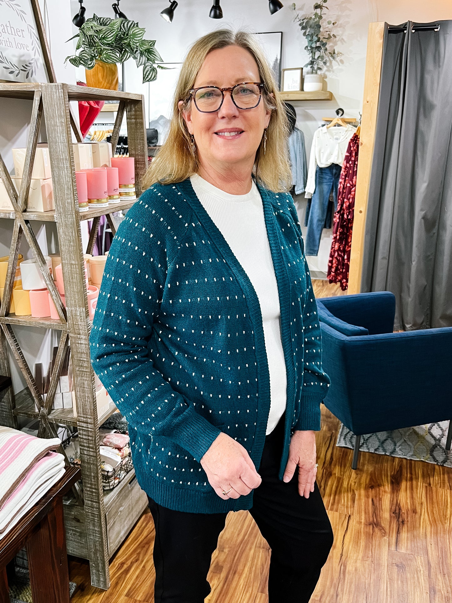 Teal Cardigan W/ Ivory Texture Stripe