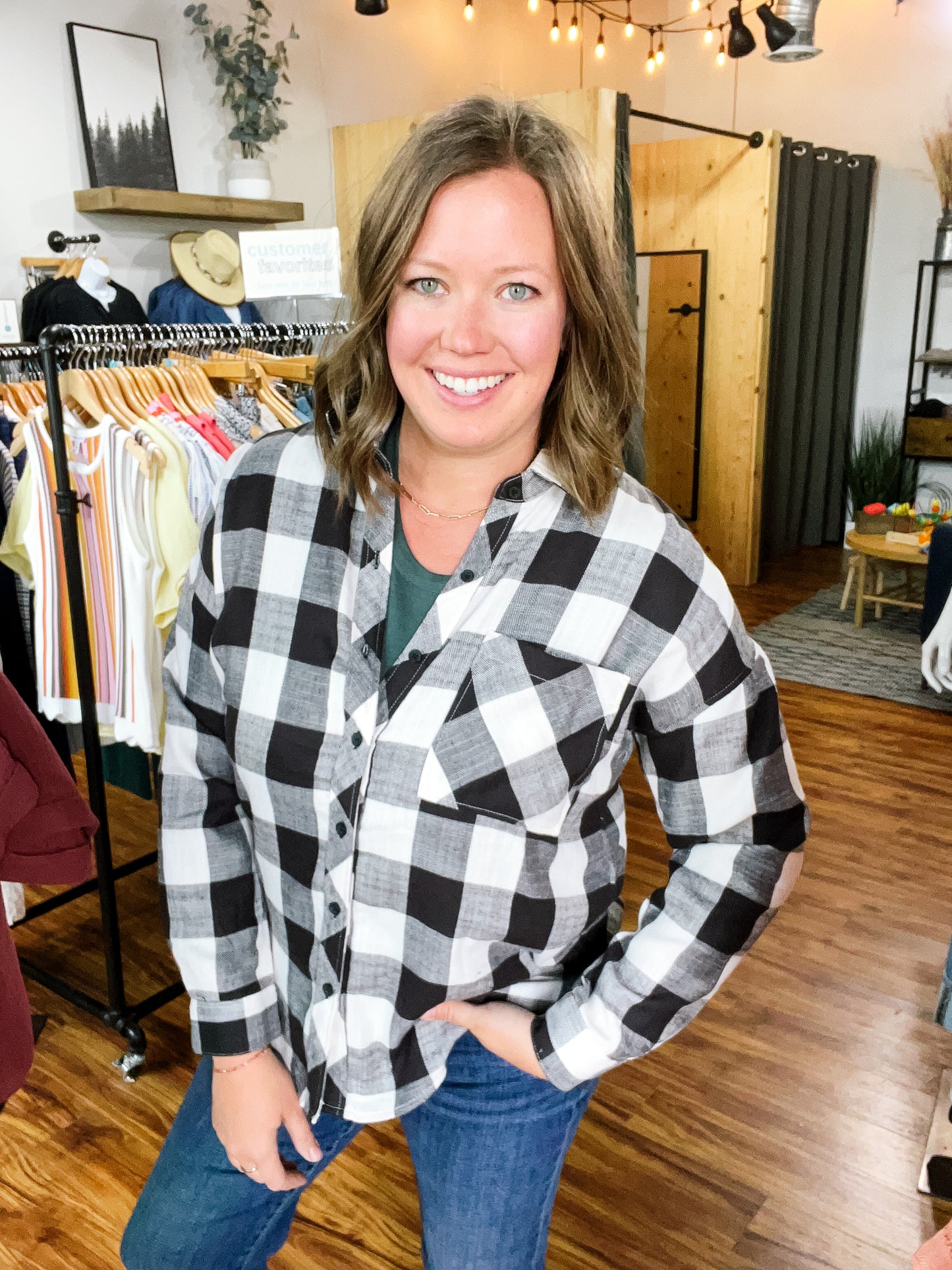 Cream W/Black Plaid Flannel Shirt