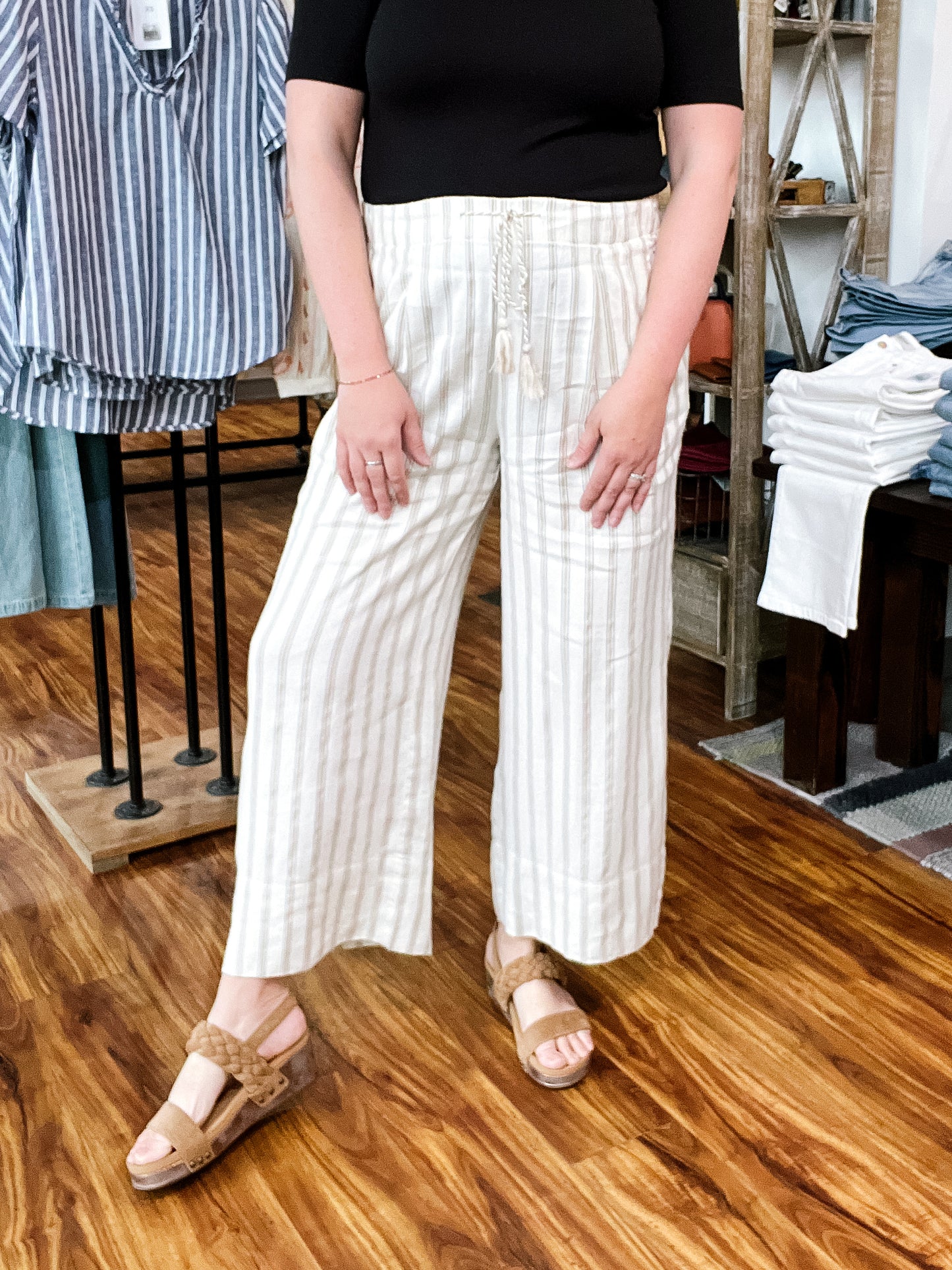 Cream & Tan Stripe Wide Leg Crop Pant