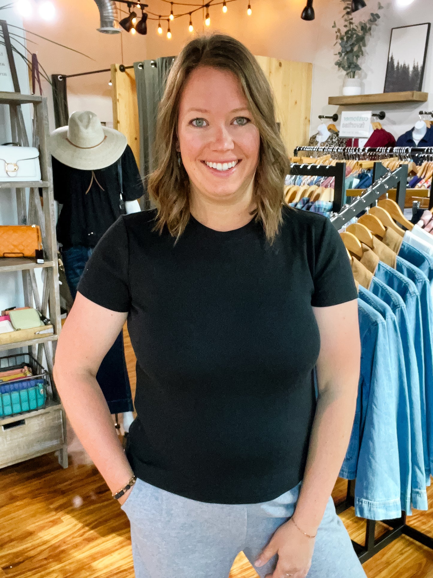 Black Ribbed Short Sleeve Top