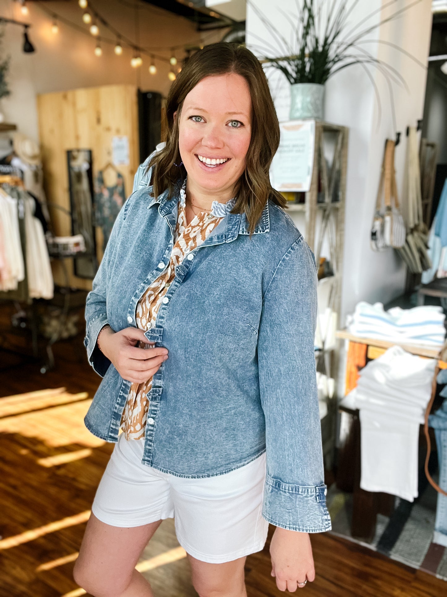 Chambray White Button Top