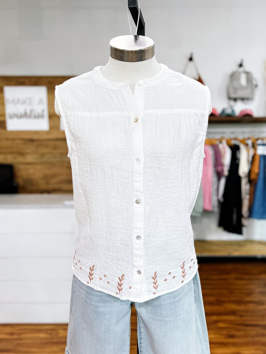 White Gauze Sleeveless W/Embroidery Top