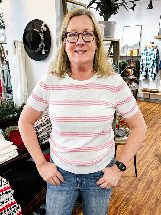 Cream W/Pink Triple Stripe Short Sleeve Sweater