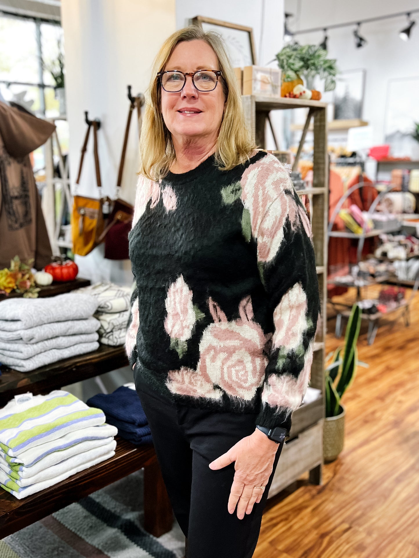 Black W/Mauve Roses Sweater