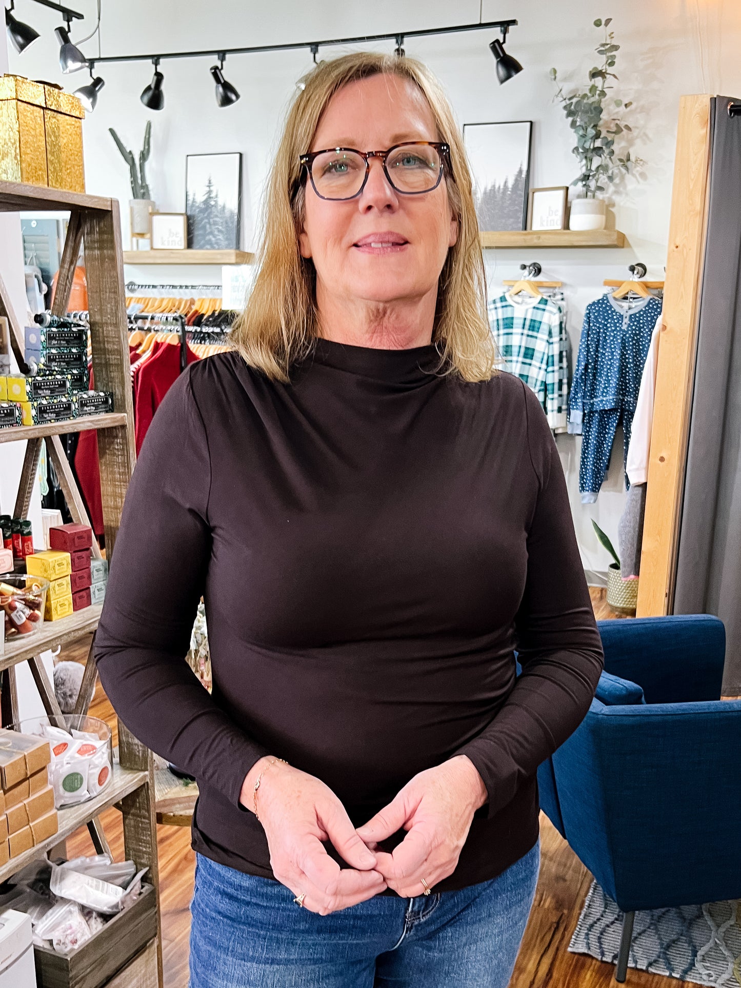 Dark Brown Long Sleeve Mock Neck Top