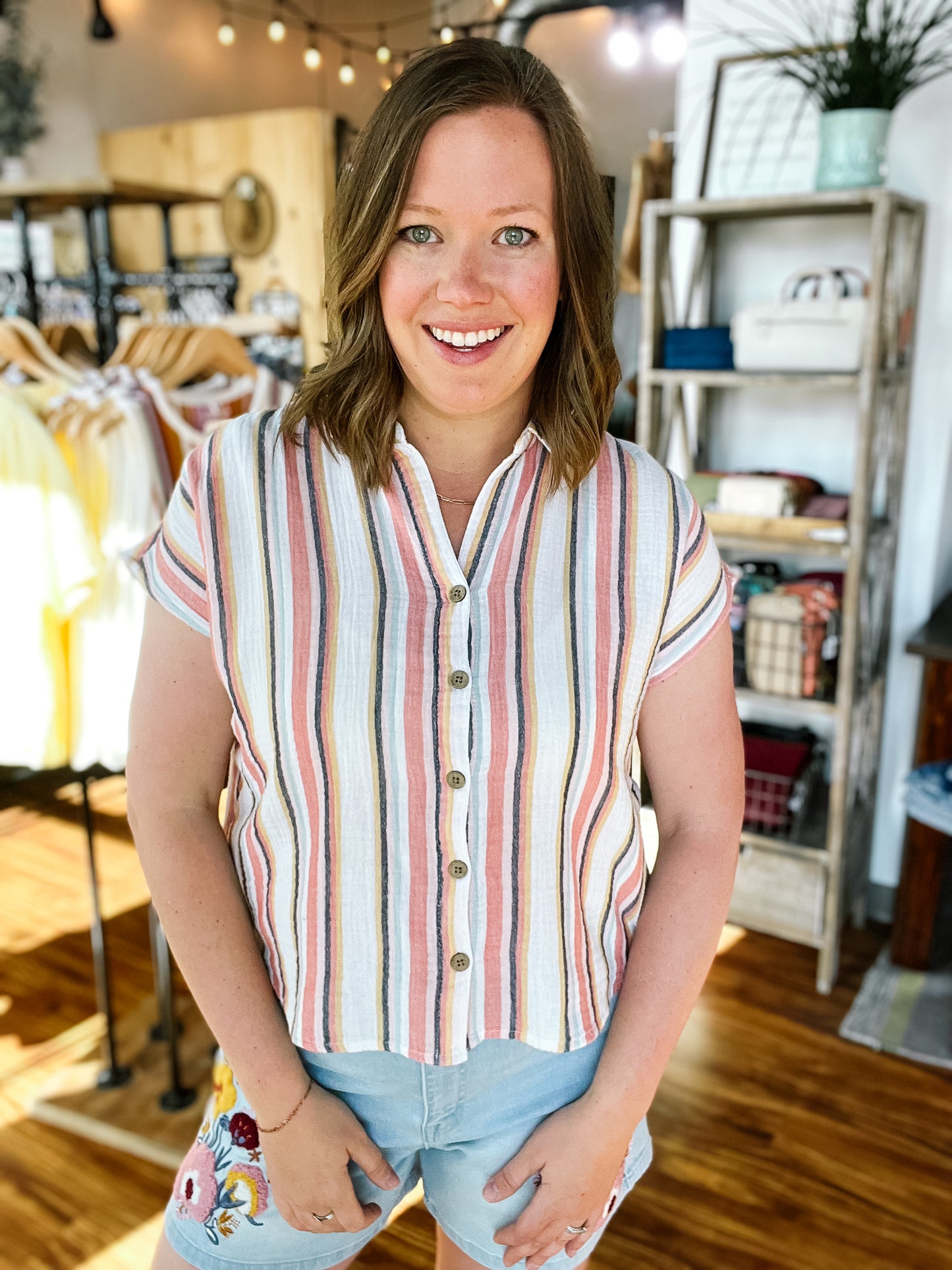 Cream Vertical Stripe Gauze Top