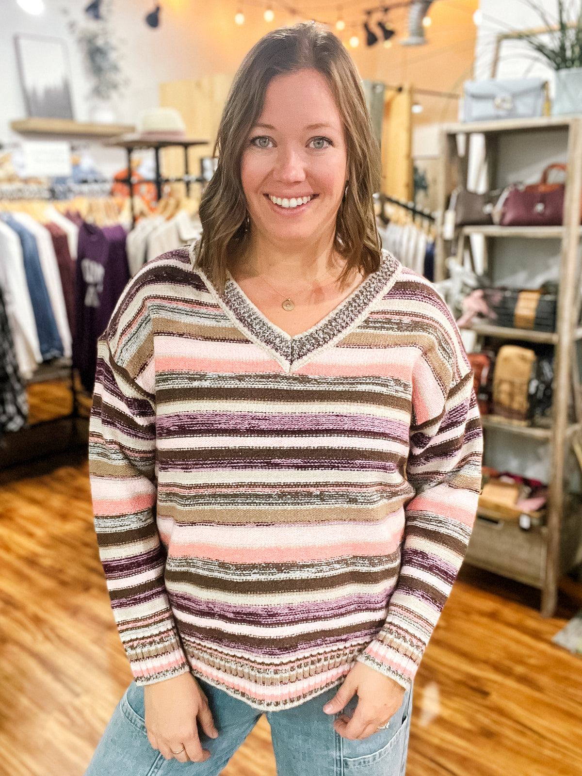Brown Multi Stripe V-Neck Sweater