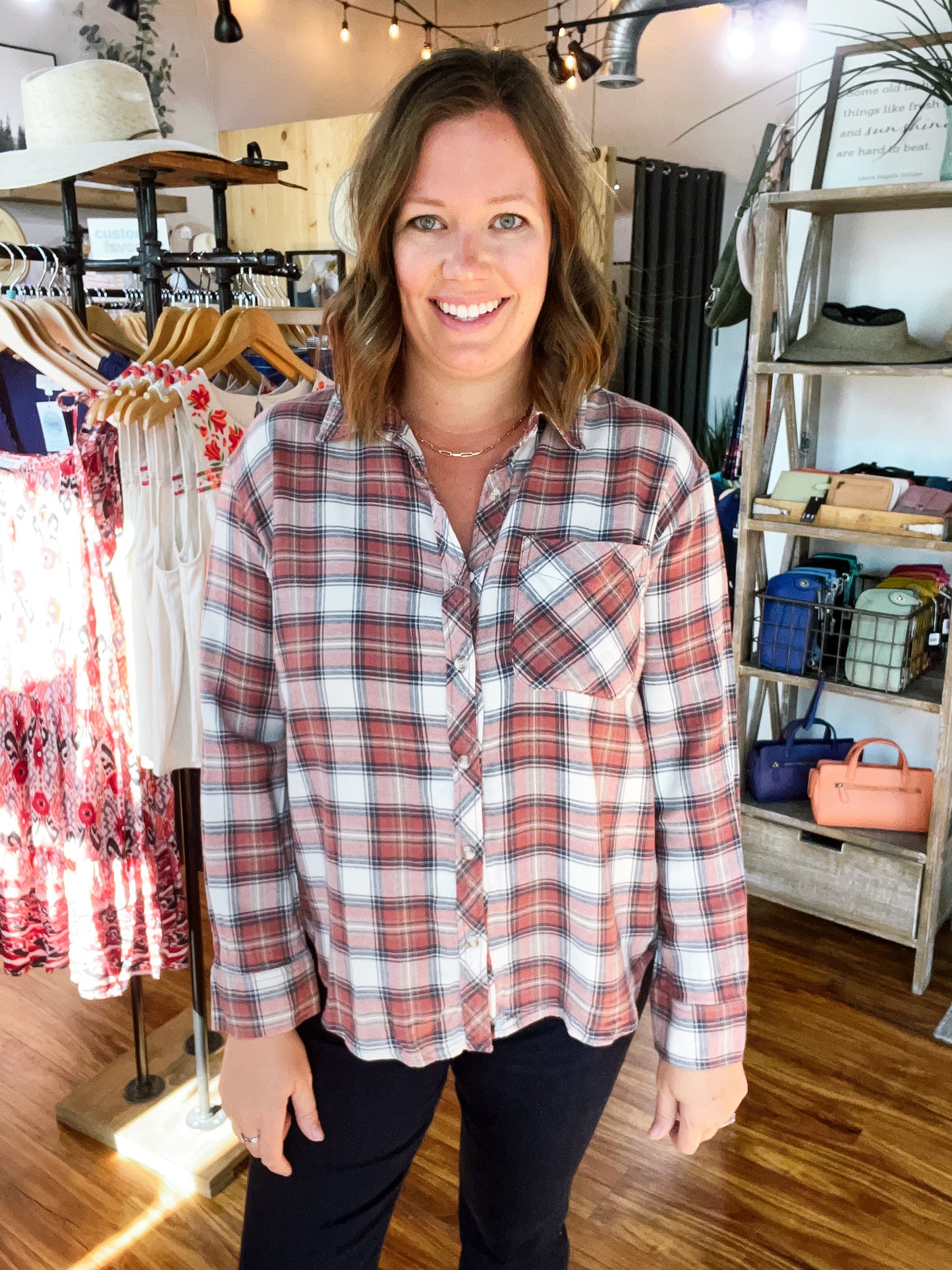 Rust W/Beige Plaid Flannel Shirt