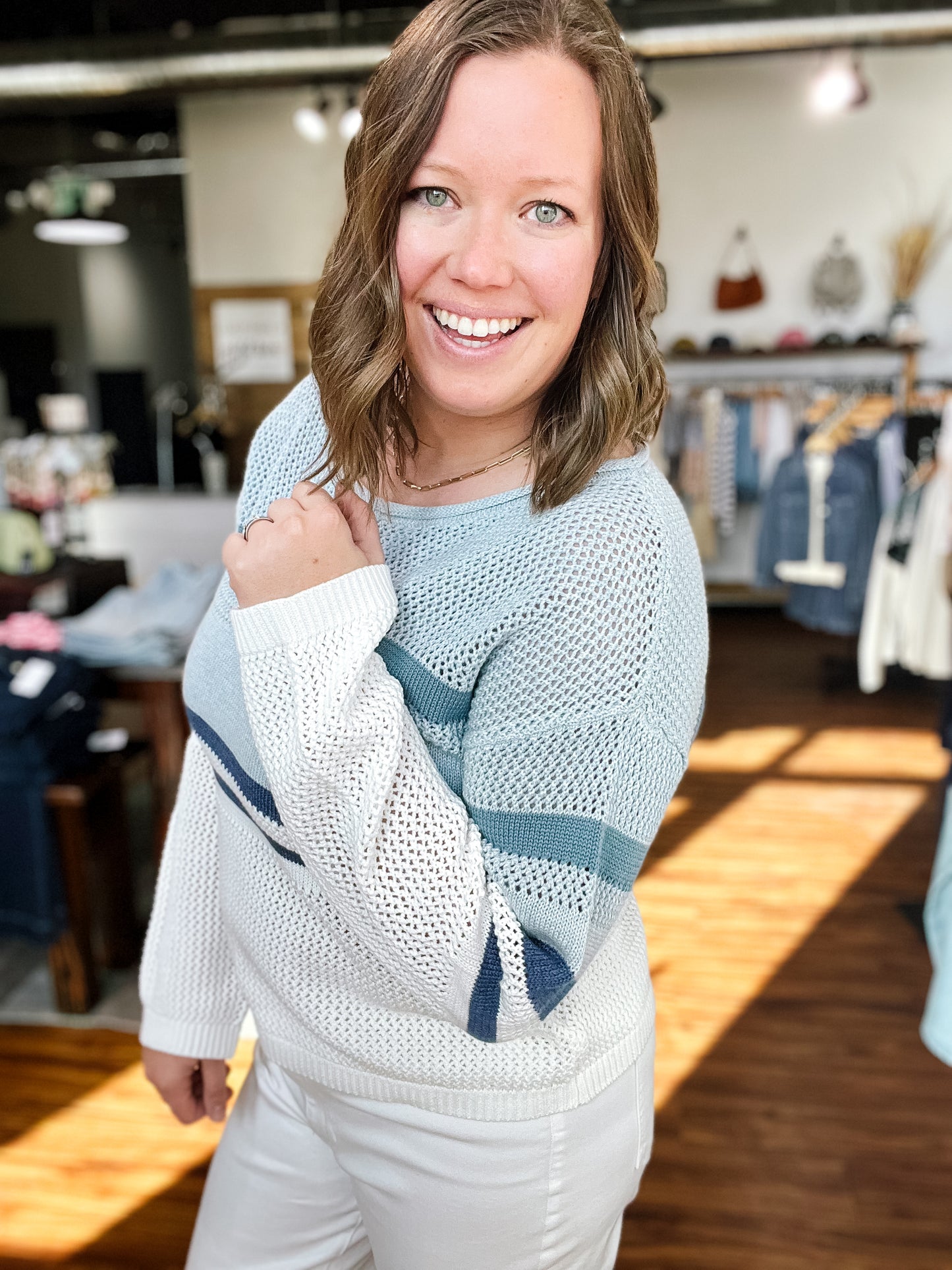 Blue Multi Stripe Boatneck Sweater