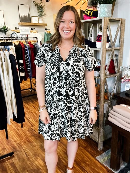 Black & White Floral Flutter Sleeve Dress