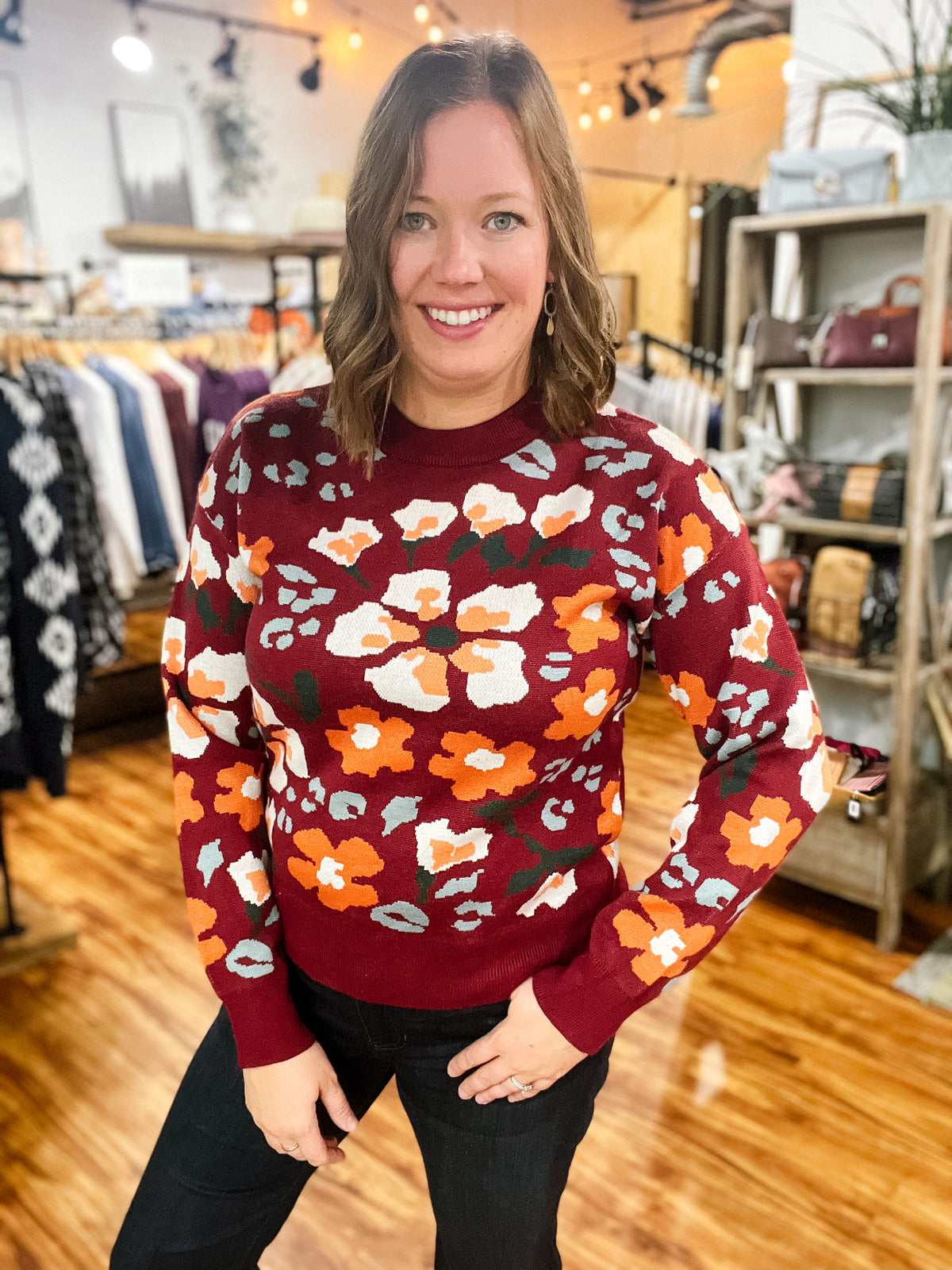 Burgundy Floral Print Sweater