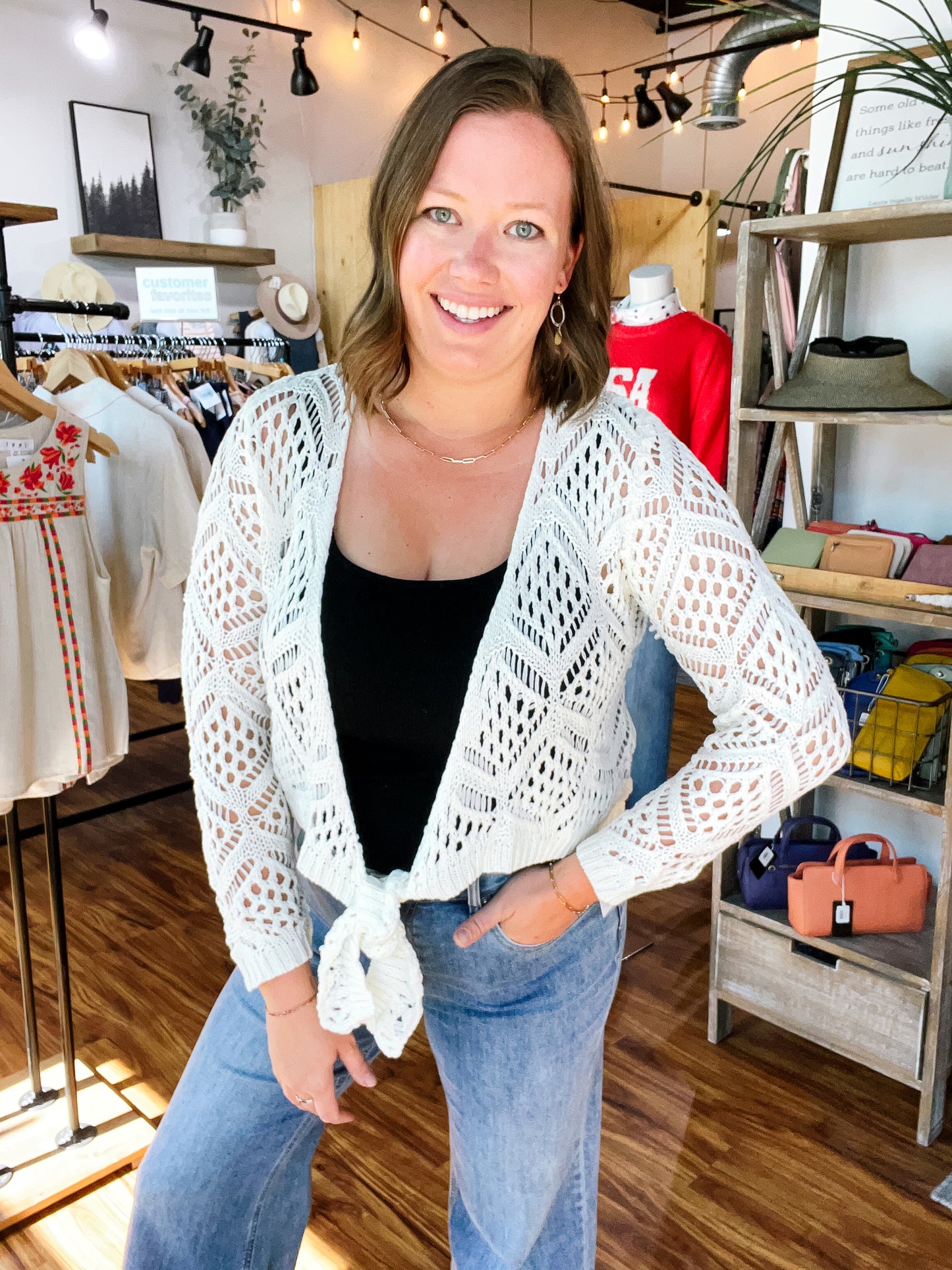 Cream Open Knit Tie Front Cardigan