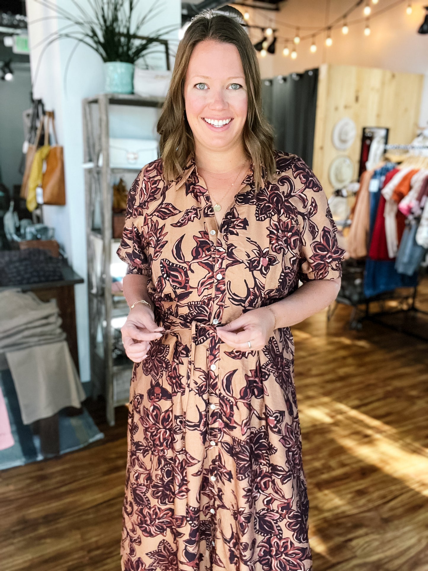 Brown Tie Waist Floral Print Dress