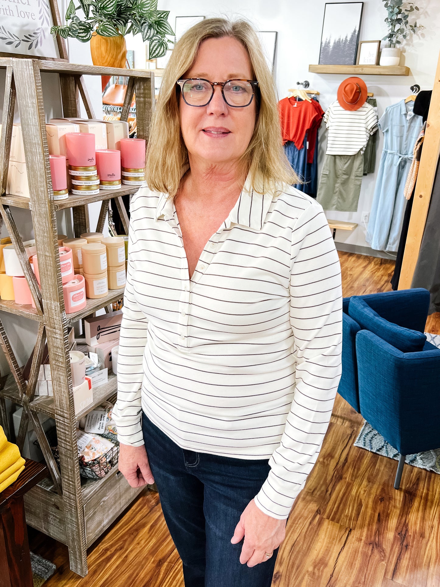 Ivory W/ Black Stripe Placket Front Top
