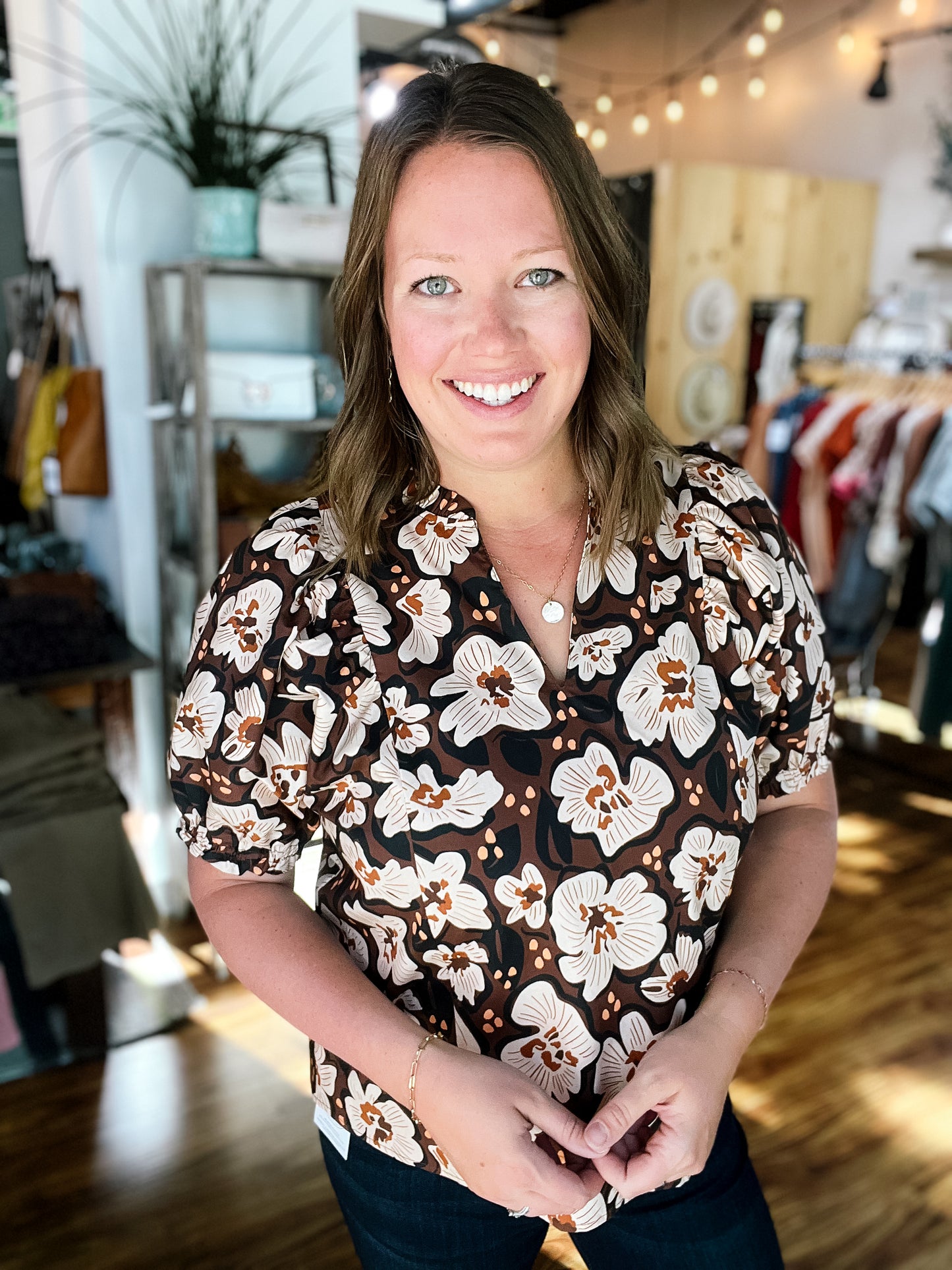 Brown Floral V-Neck Top
