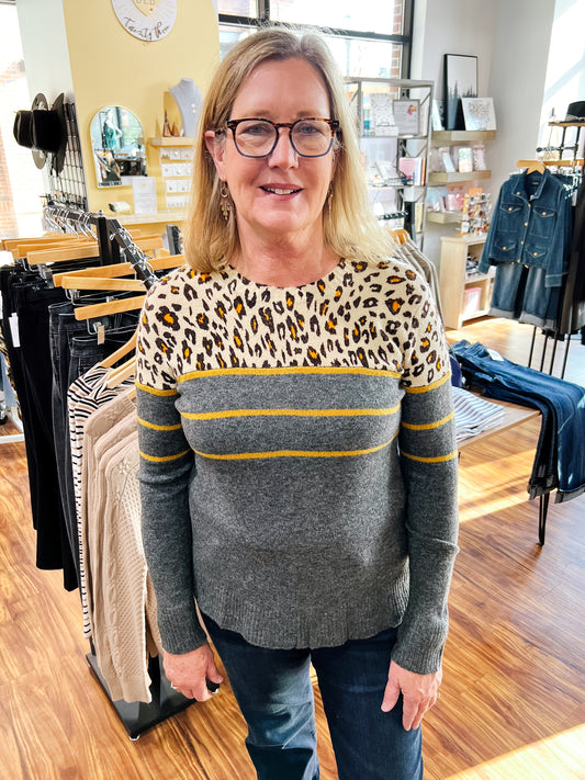 Gray W/Leopard Stripe Sweater