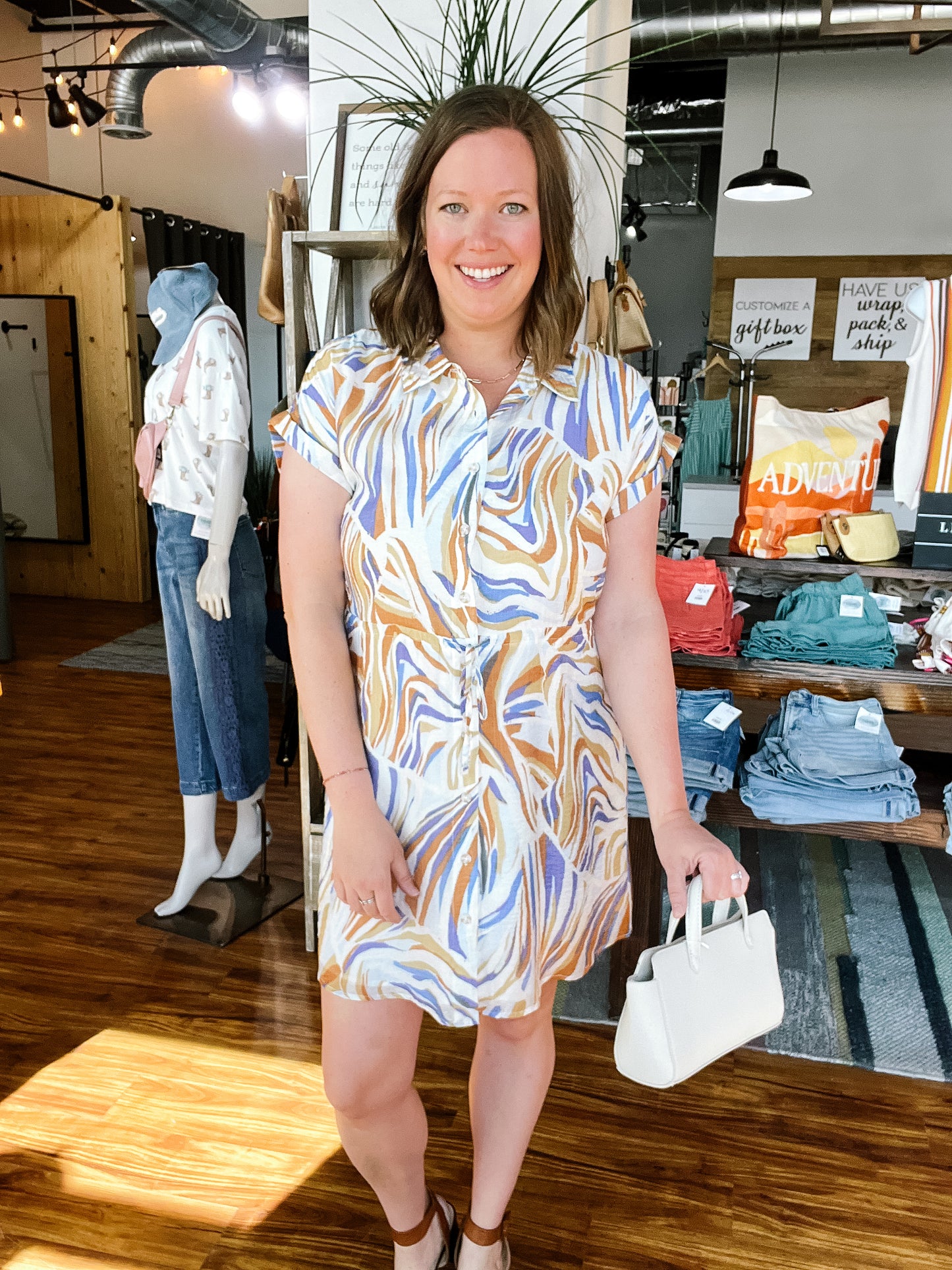 Blue, Cream & Gold Print Dress