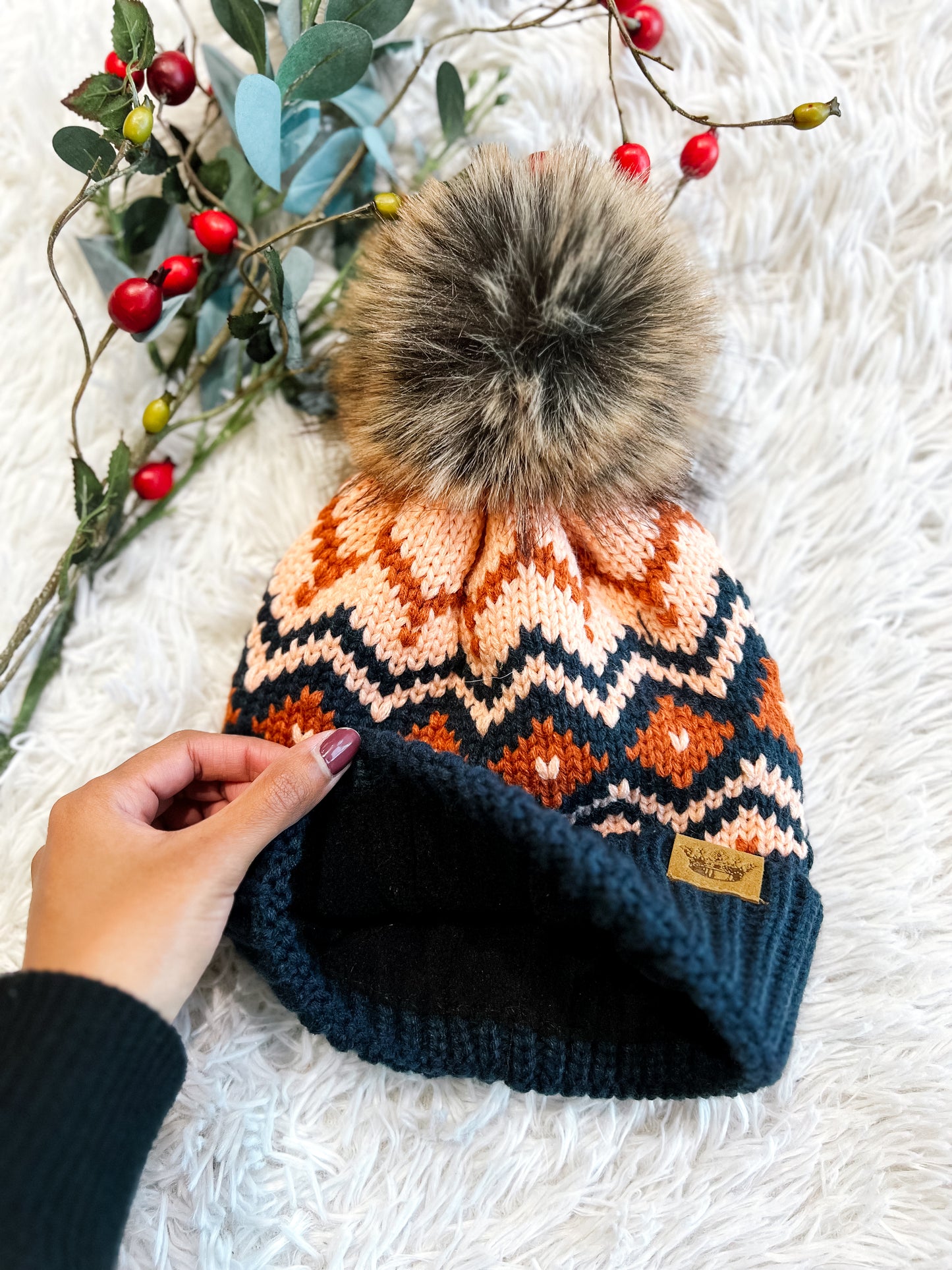 Navy, Rust & Pink Patterned Pom Beanie