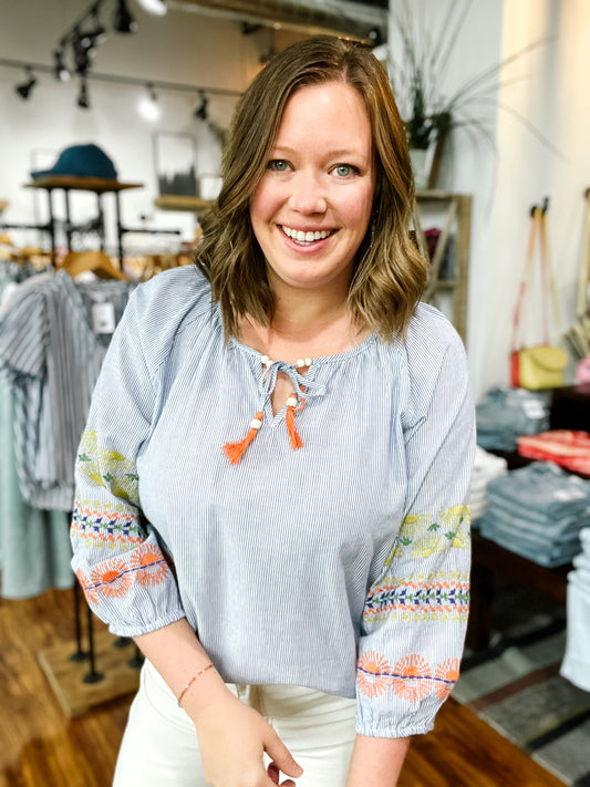 Blue Stripe Top W/ Embroidery