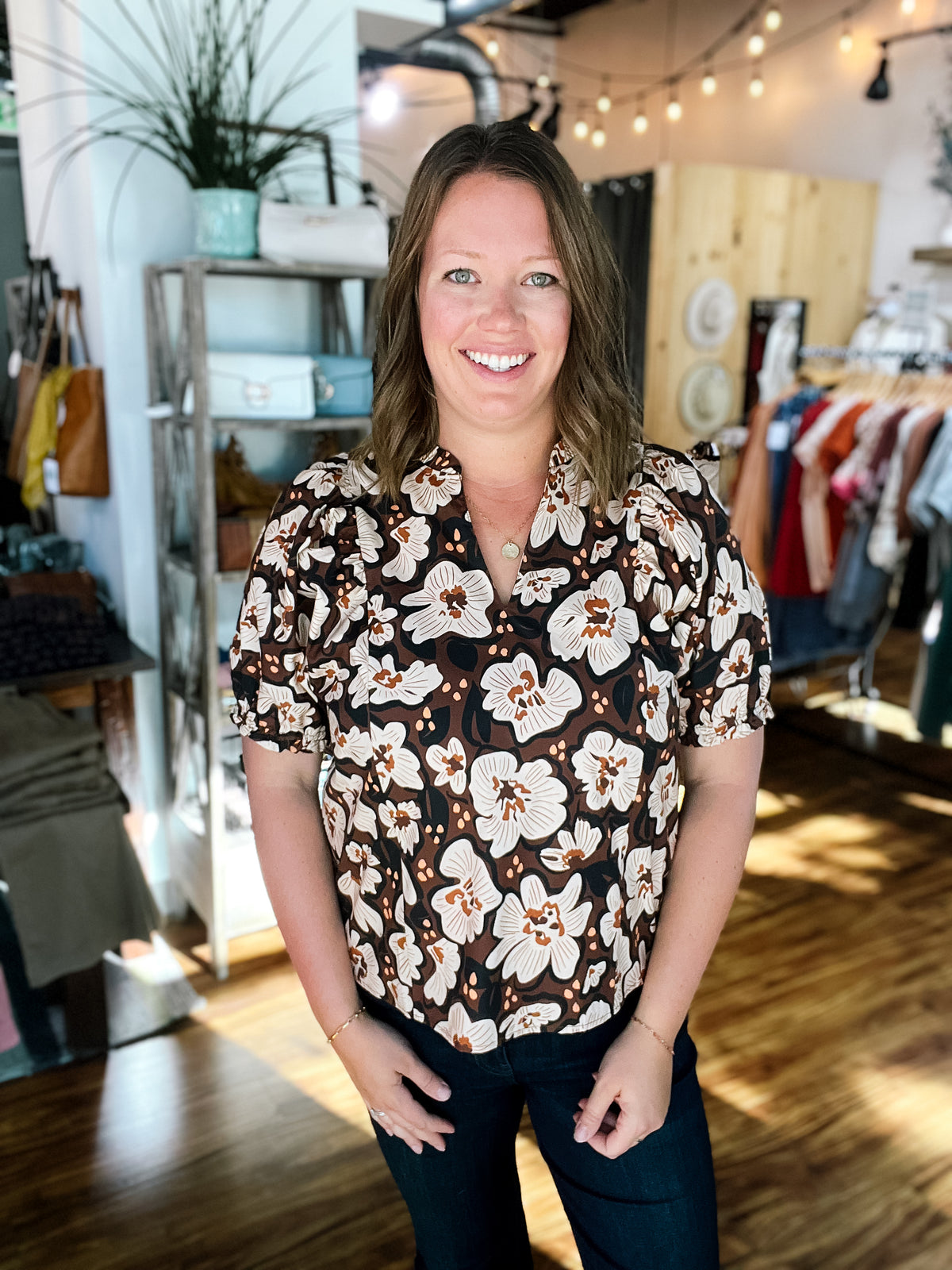 Brown Floral V-Neck Top