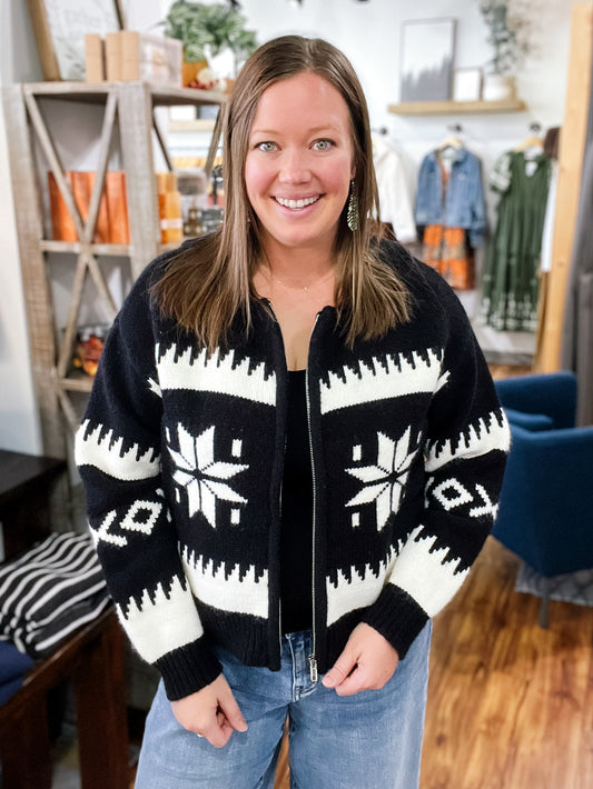 Black Zip Cardigan W/Ivory Snowflake