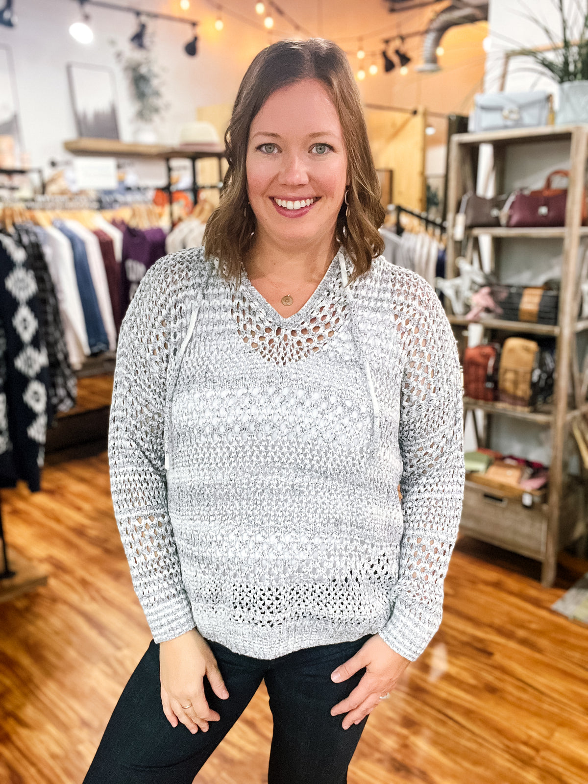 Gray & White Hooded Open Knot Sweater