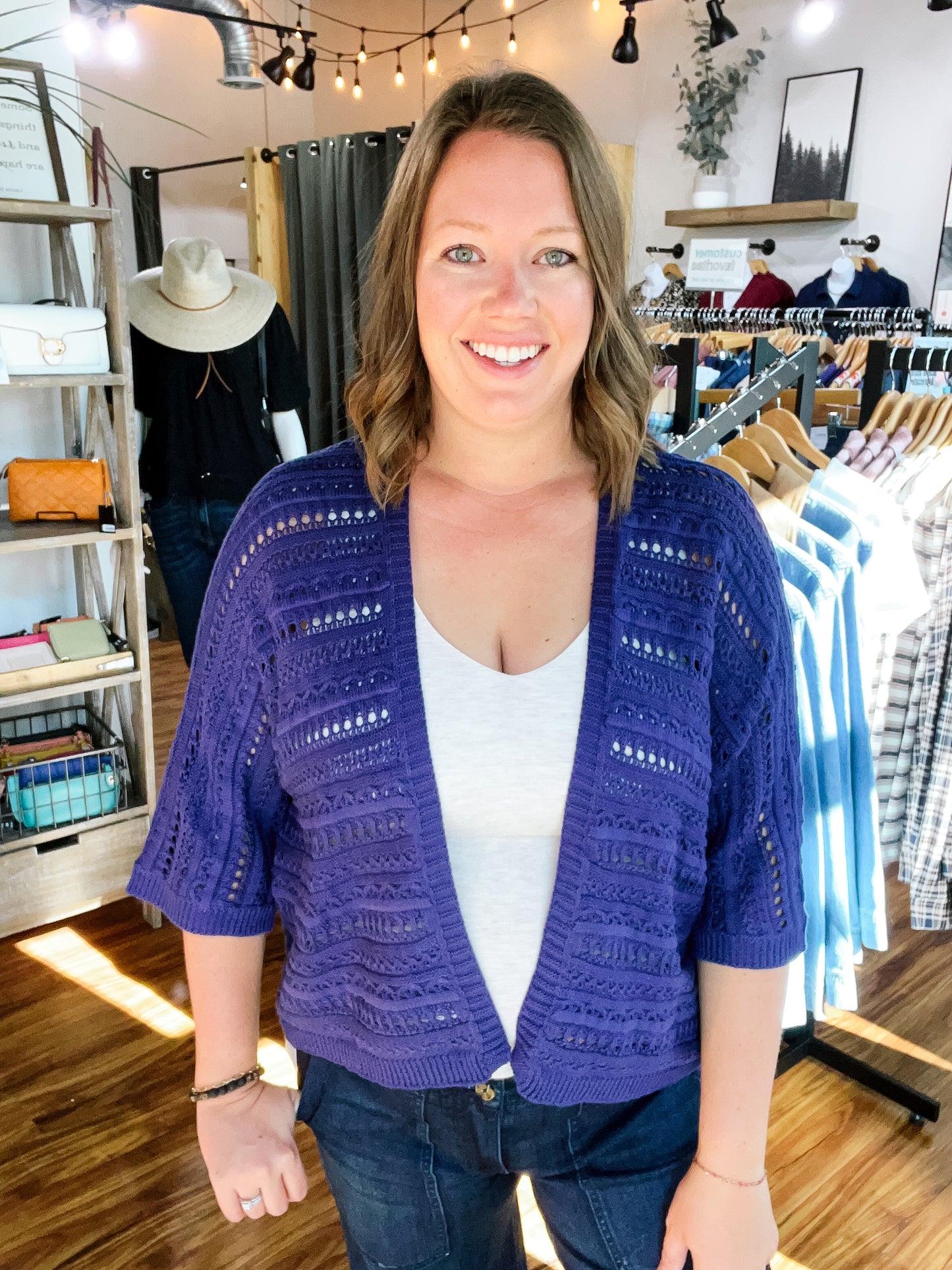 Navy Crochet Open Front Cardigan