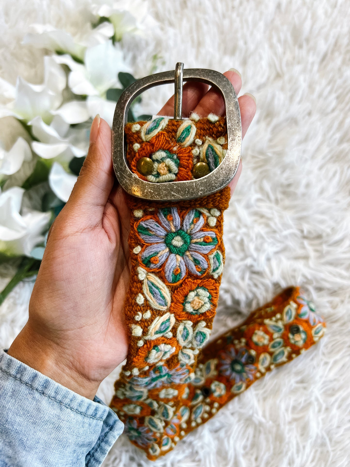 Rust W/ Floral Embroidered Wool Belt