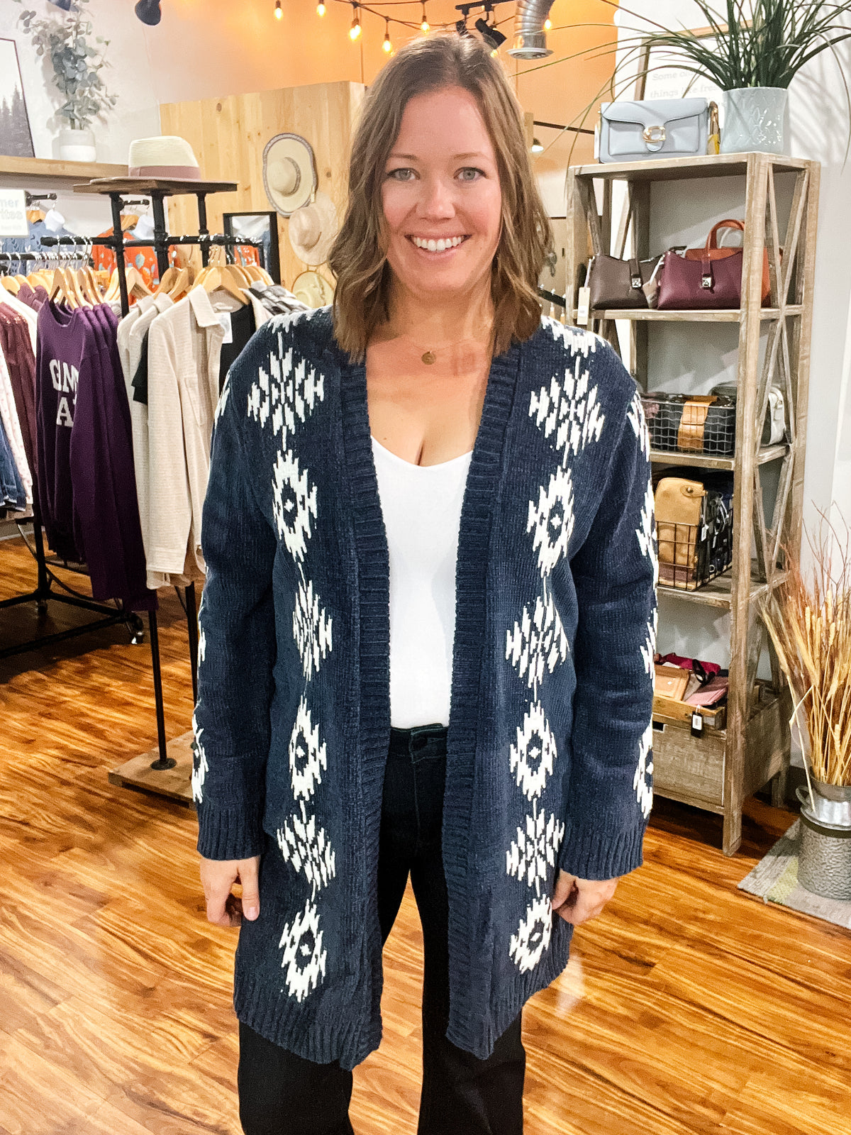 Navy & White Print Chenille Cardigan