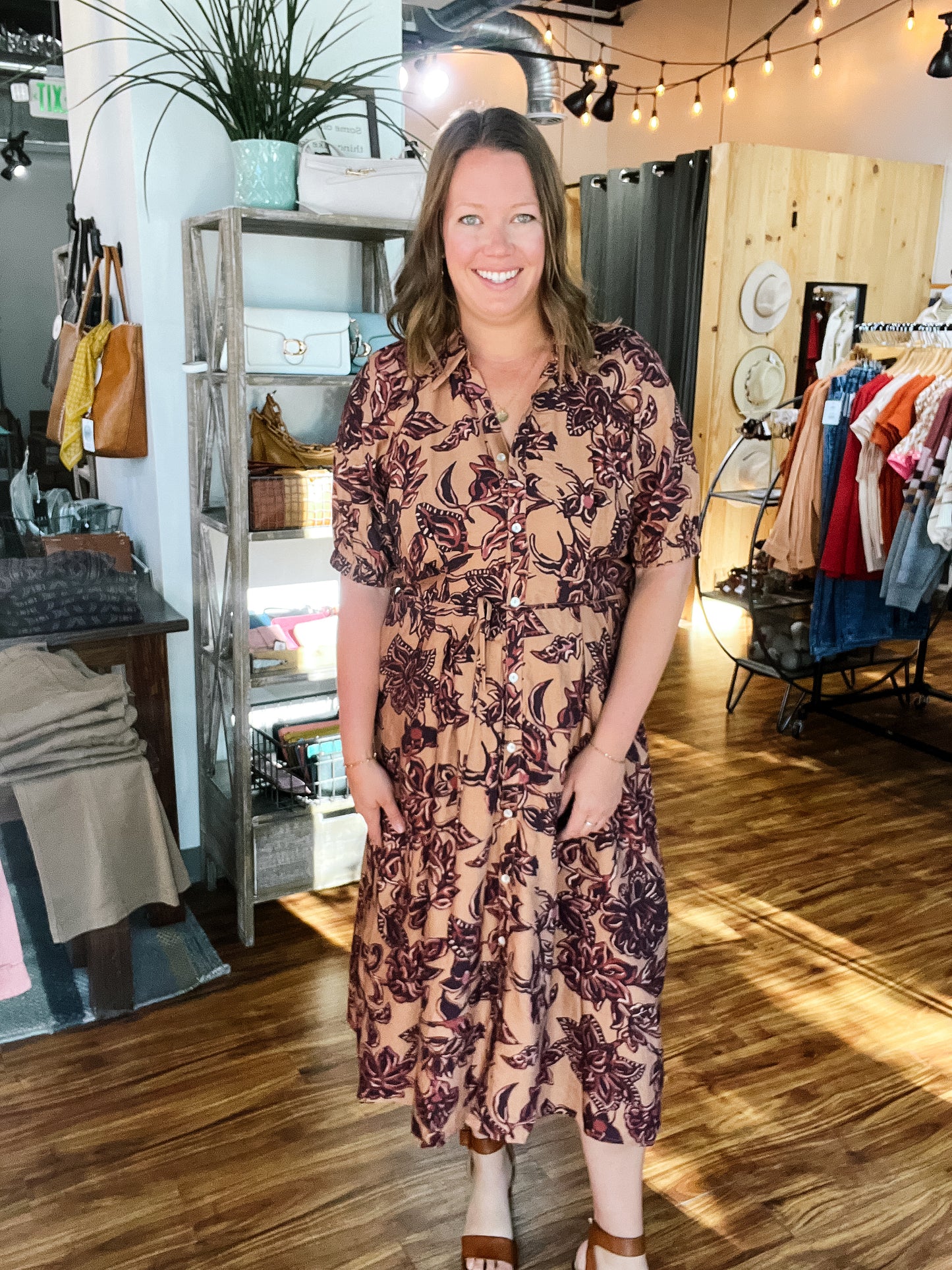 Brown Tie Waist Floral Print Dress