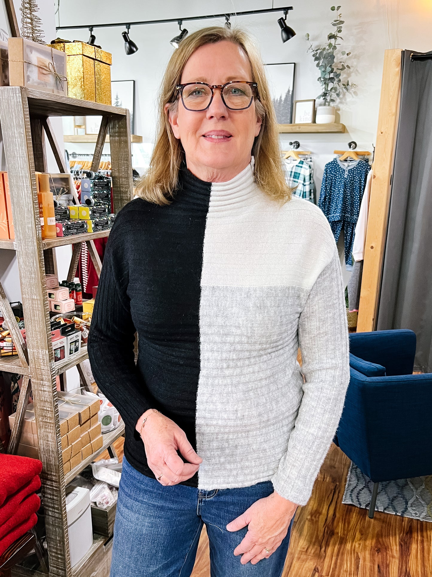 Black, Grey & White Funnel Neck Sweater