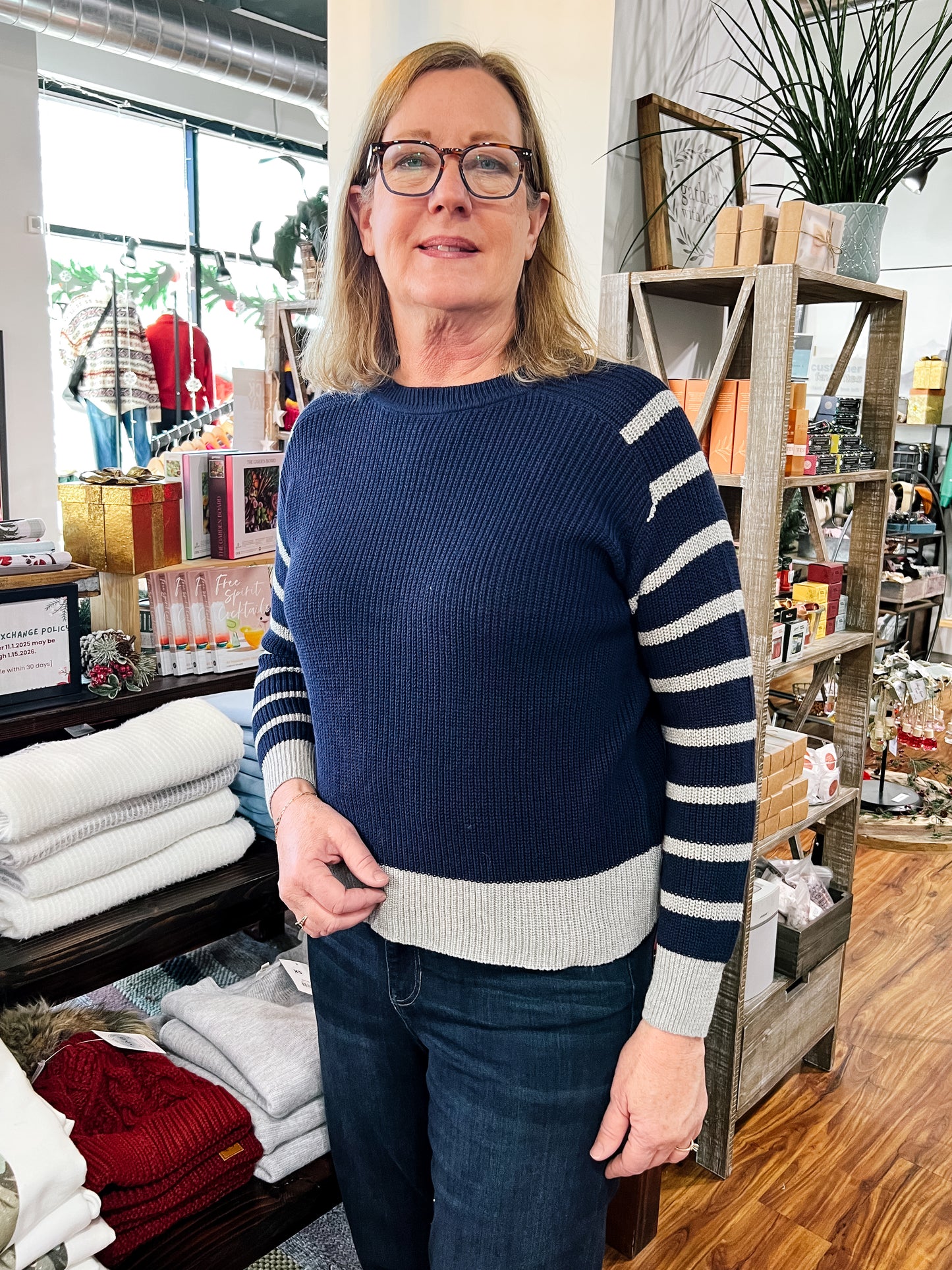 Navy Heather Striped Sleeves Sweater