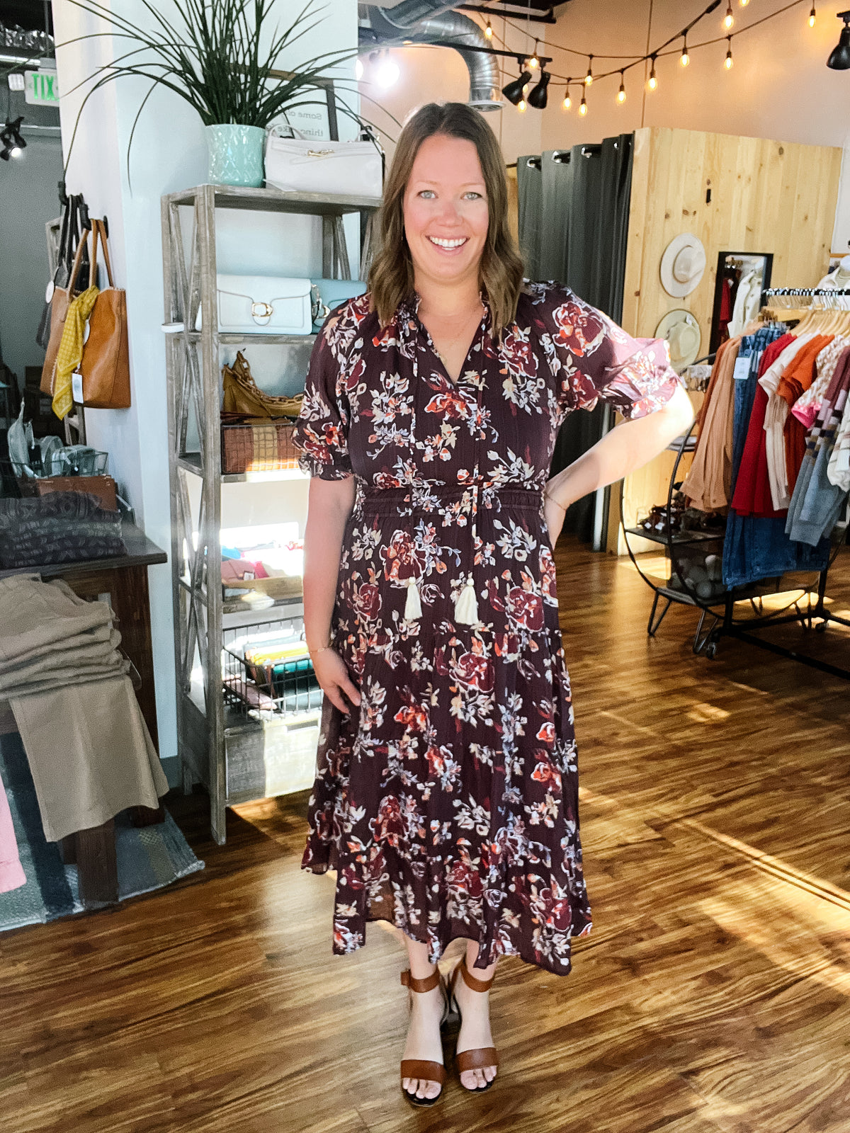 Burgundy Short Sleeve Floral Maxi Dress