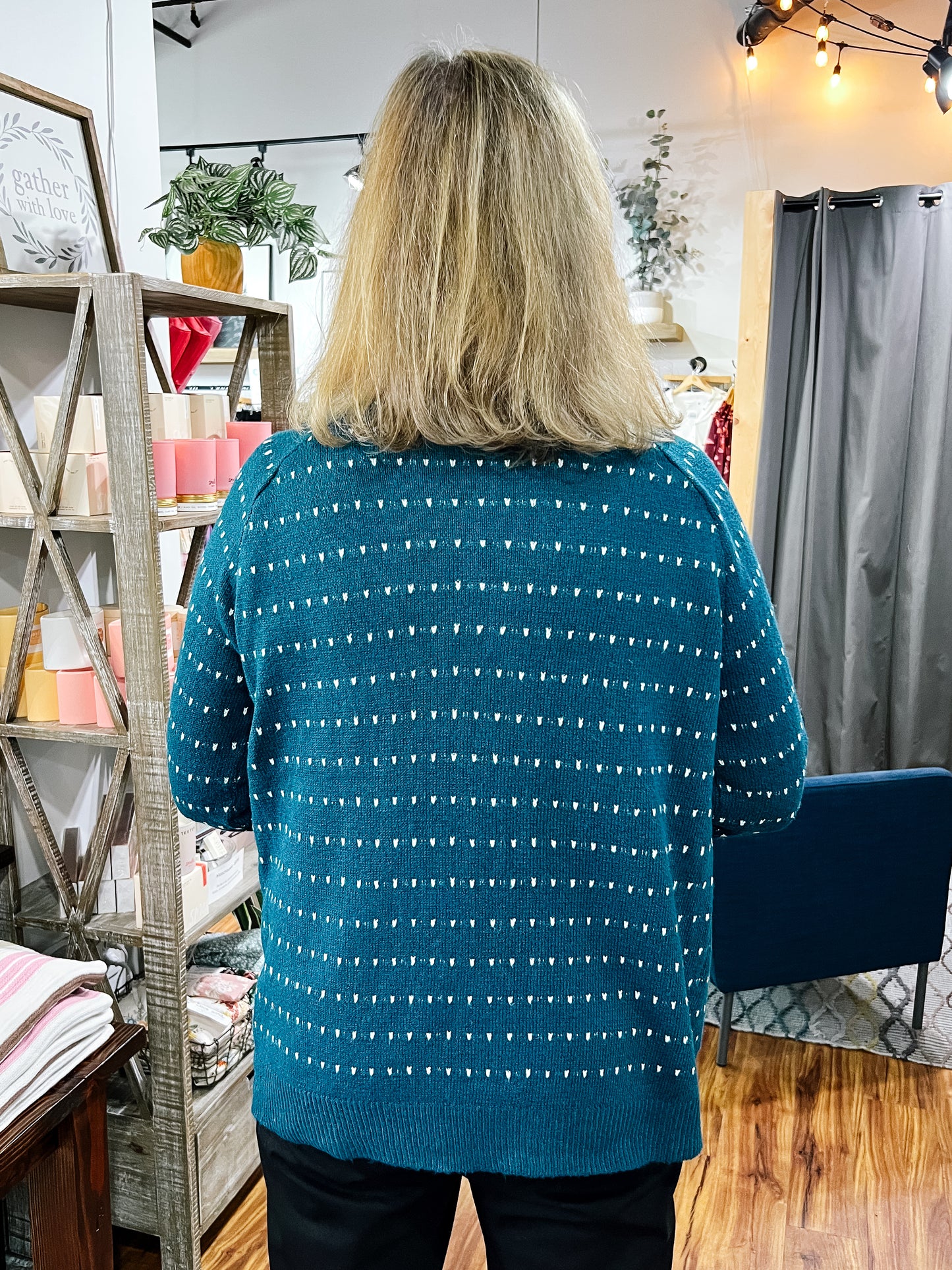 Teal Cardigan W/ Ivory Texture Stripe