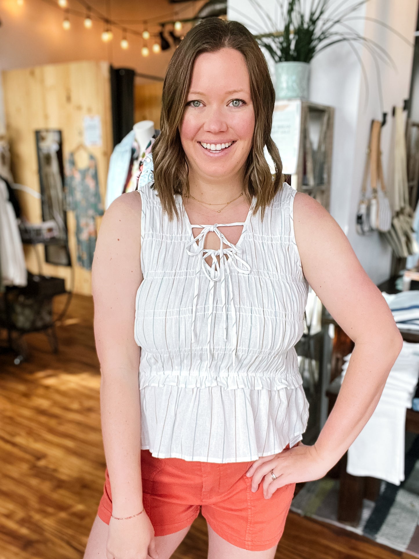 White Sleeveless Tie Front Top