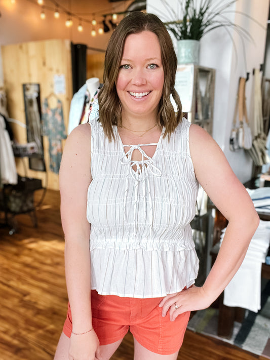 White Sleeveless Tie Front Top